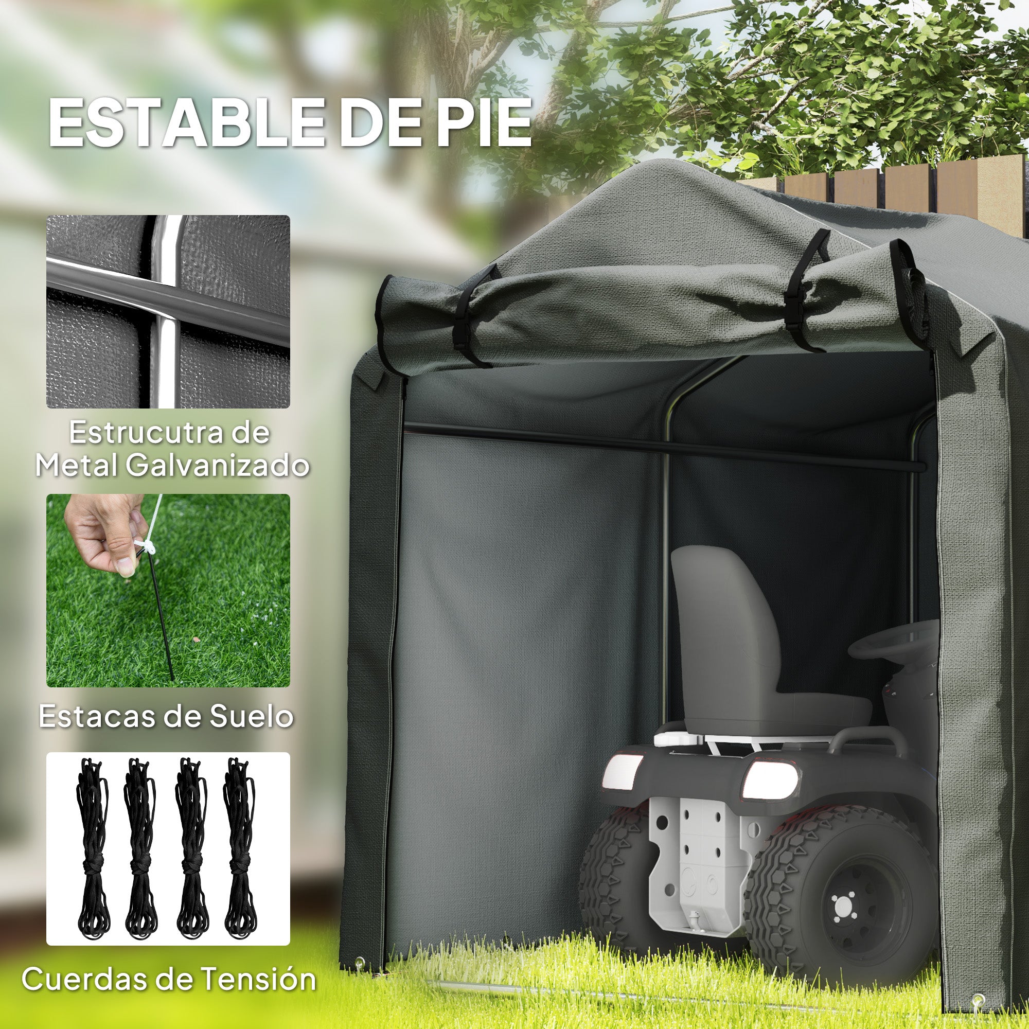 Outsunny Carpa de Jardín Exterior para Herramientas Bicicletas 2,2x1,57x1,65 m, Cobertizo Exterior con Puerta Desmontable con Cremallera, Impermeable, Anti-UV, Garaje Portátil, Gris Oscuro