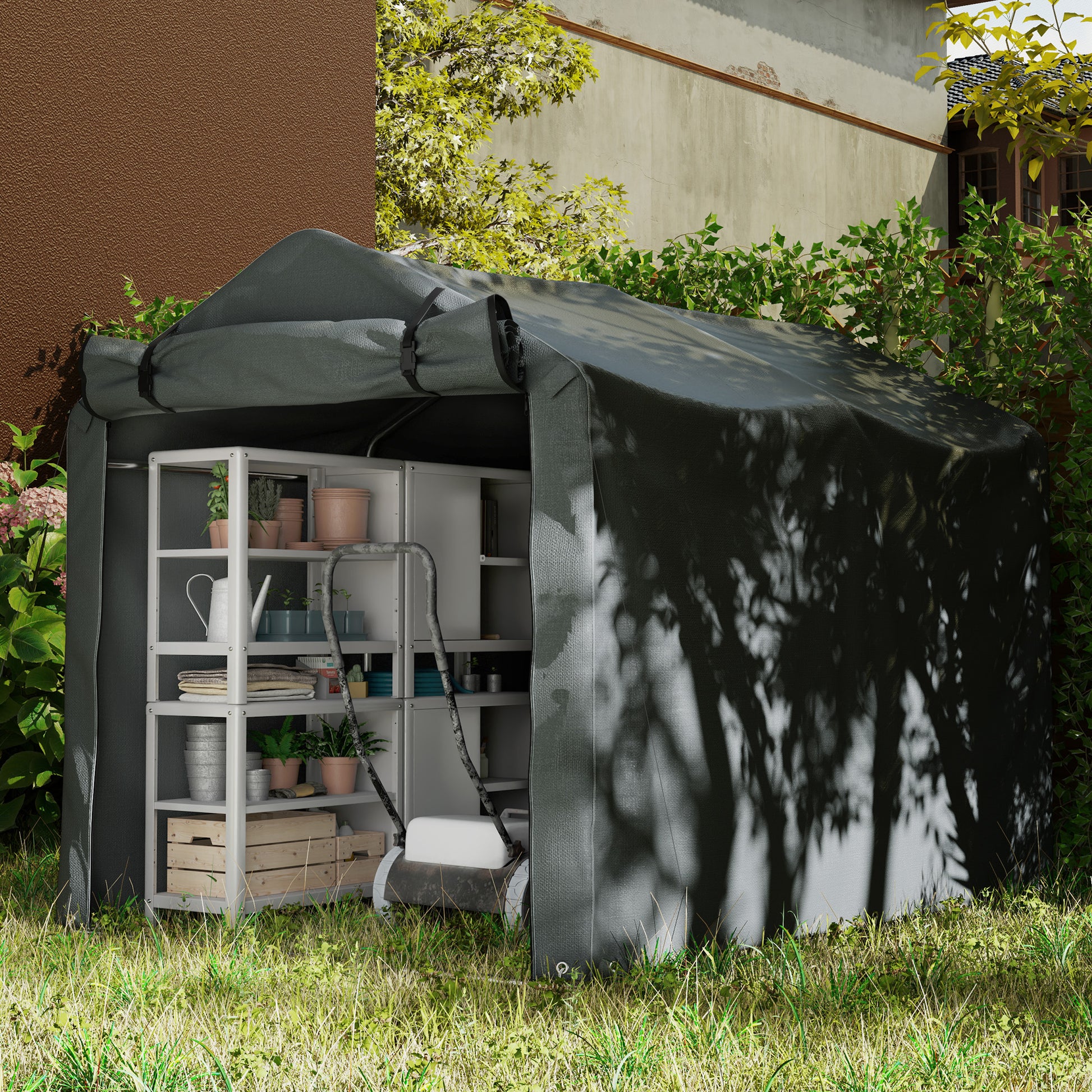 Outsunny Carpa de Jardín Exterior para Herramientas Bicicletas 2,2x1,57x1,65 m, Cobertizo Exterior con Puerta Desmontable con Cremallera, Impermeable, Anti-UV, Garaje Portátil, Gris Oscuro