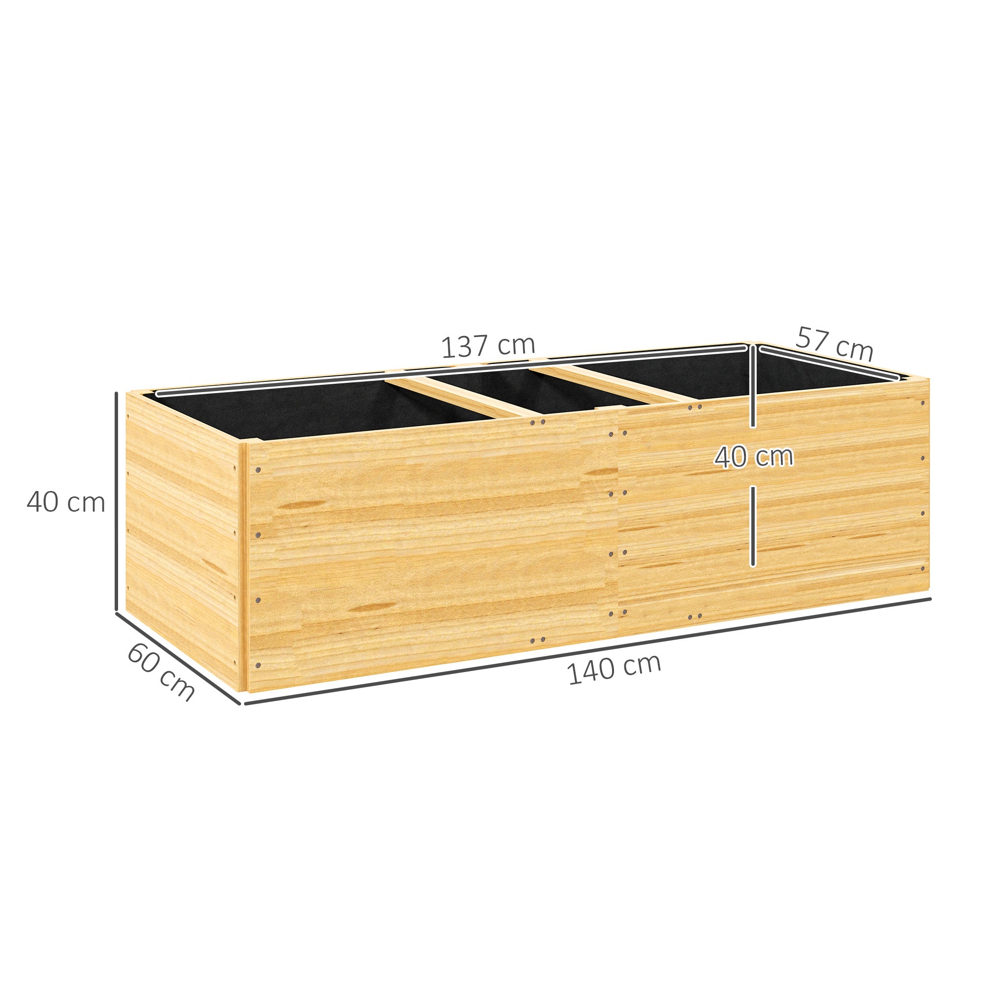 Outsunny Jardinera de Madera Jardinera Exterior Grande con 3 Zonas de Cultivo y Forro Jardinera Rectangular para Jardín Balcón Terraza 140x60x40 cm Natural