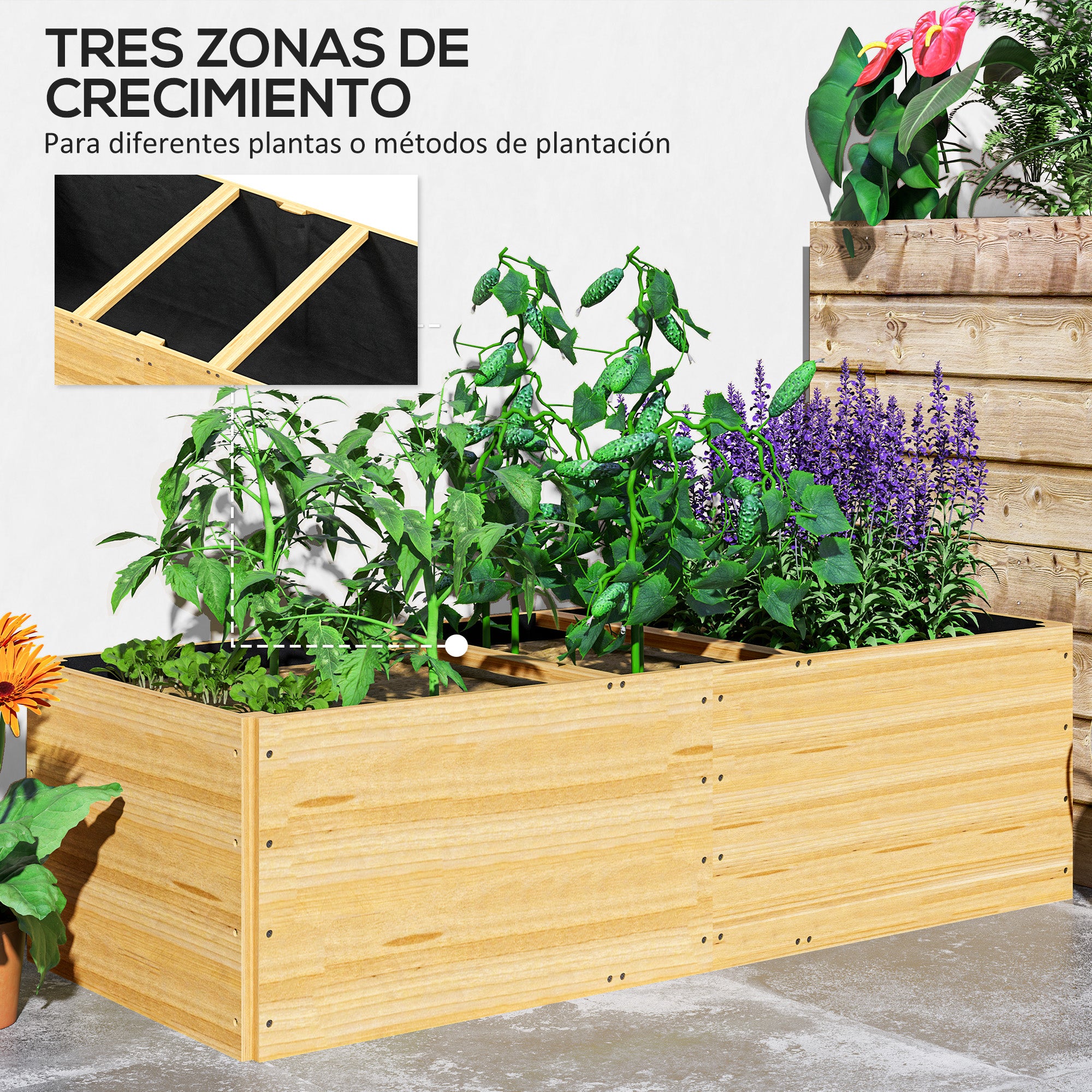 Outsunny Jardinera de Madera Jardinera Exterior Grande con 3 Zonas de Cultivo y Forro Jardinera Rectangular para Jardín Balcón Terraza 140x60x40 cm Natural