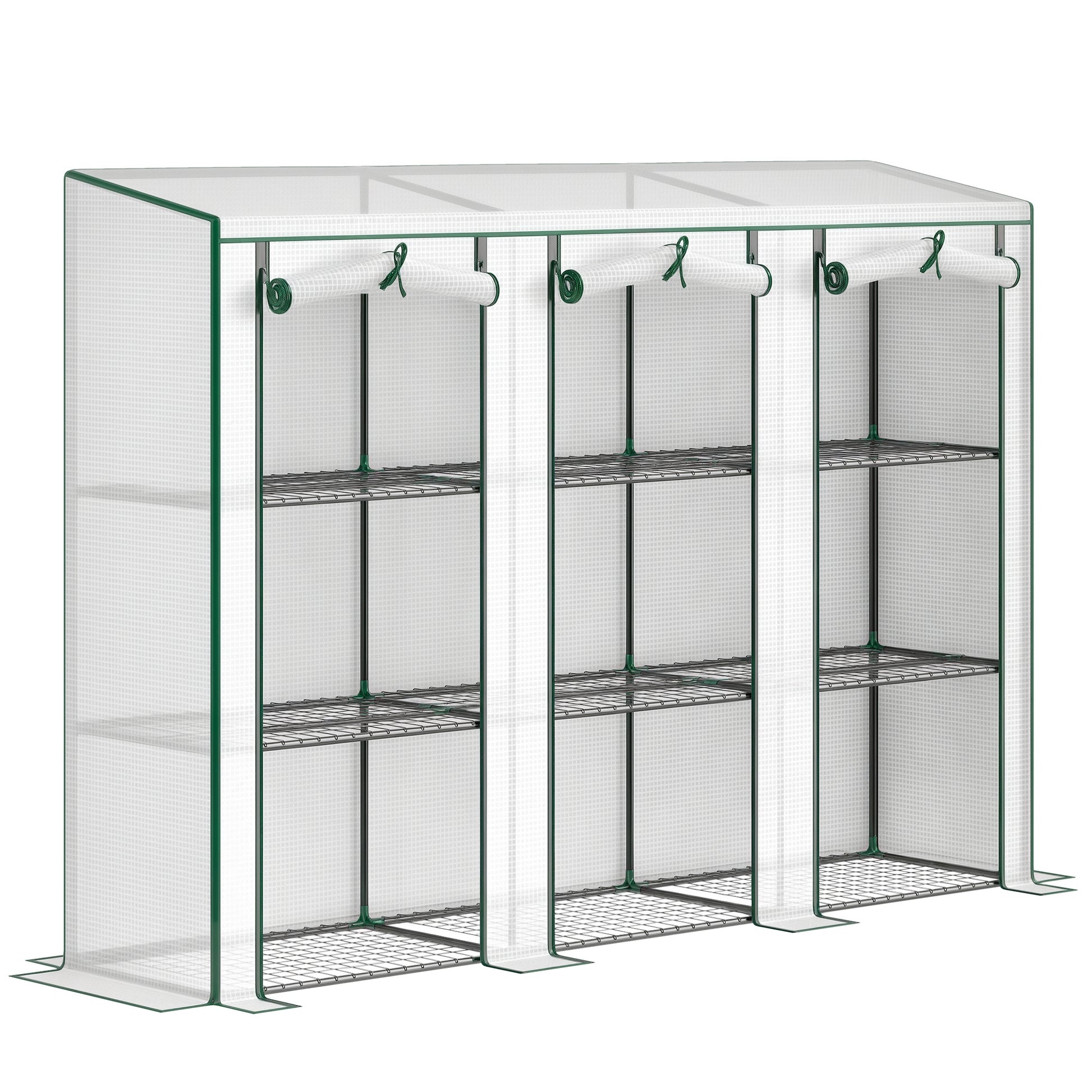 Outsunny Invernadero de Exterior de 3 Niveles Invernadero de Jardín con 9 Estantes Puerta Enrollable con Cremallera Marco de Acero Cubierta de PE 140g/m² Anti-UV para Terraza 215x46x151cm Blanco