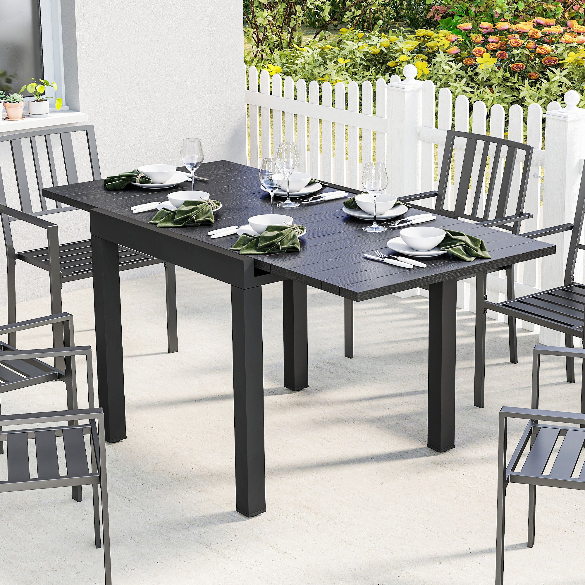Outsunny Mesa de Jardín Extensible 80/160x80 cm, Mesa de Comedor Exterior Extensible Rectangular de Aluminio, con Superficie de Lamas de Efecto Madera, para 4-6 Personas, para Patio, Terraza, Negro