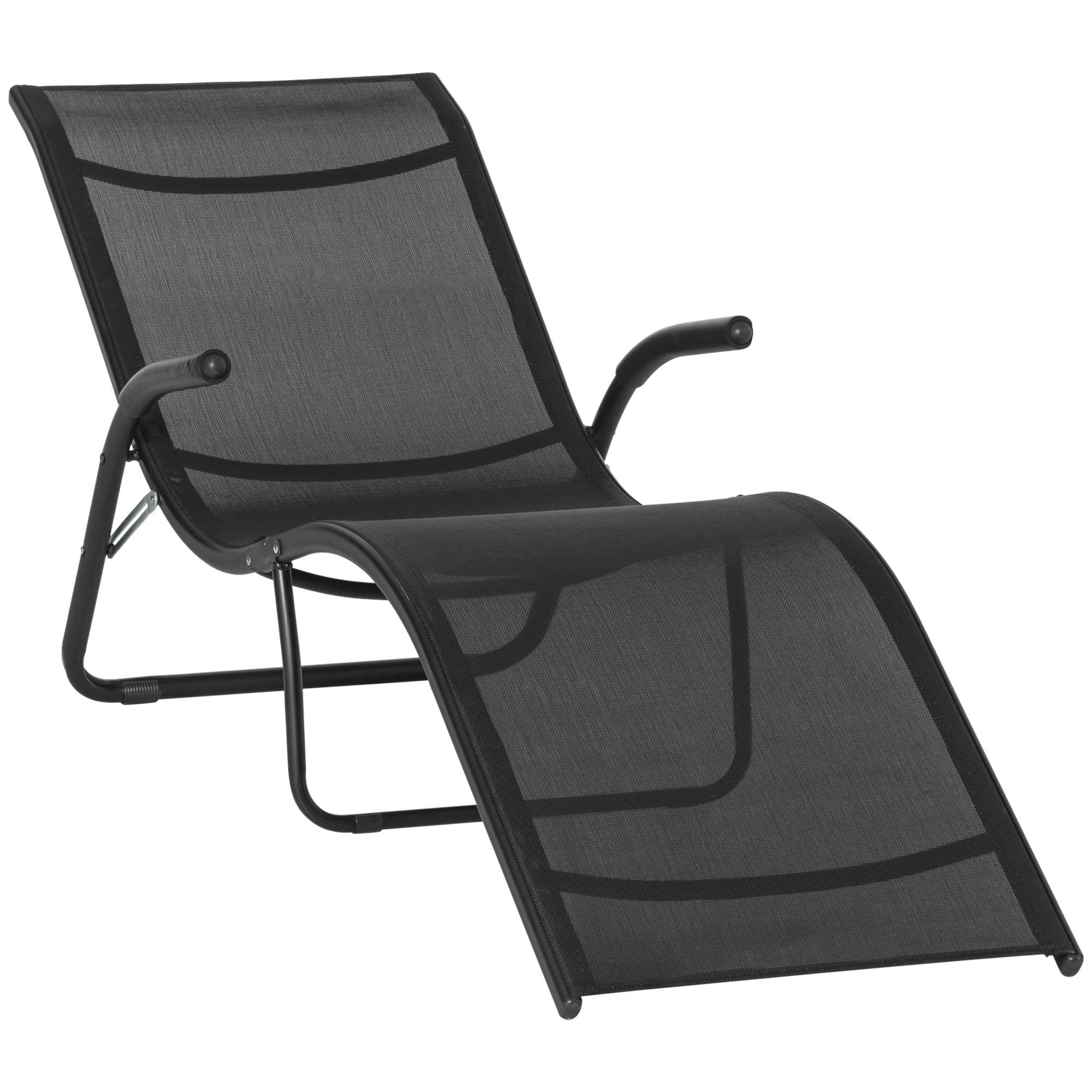 Outsunny Tumbona Plegable de Jardín con Reposabrazos Reposapiés Respaldo Transpirable y Marco de Metal Ergonómico para Terraza Playa Camping Exterior Piscina 170x62x68 cm Negro