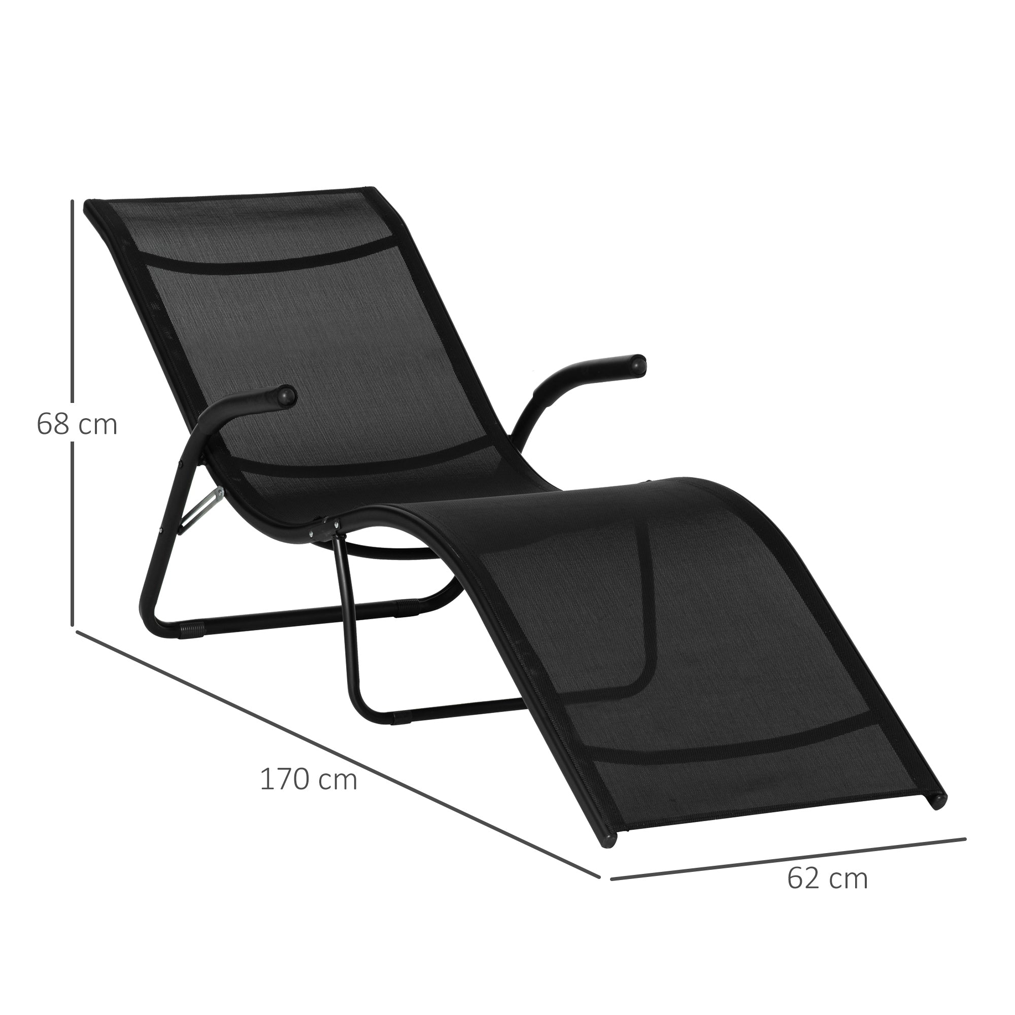 Outsunny Tumbona Plegable de Jardín con Reposabrazos Reposapiés Respaldo Transpirable y Marco de Metal Ergonómico para Terraza Playa Camping Exterior Piscina 170x62x68 cm Negro