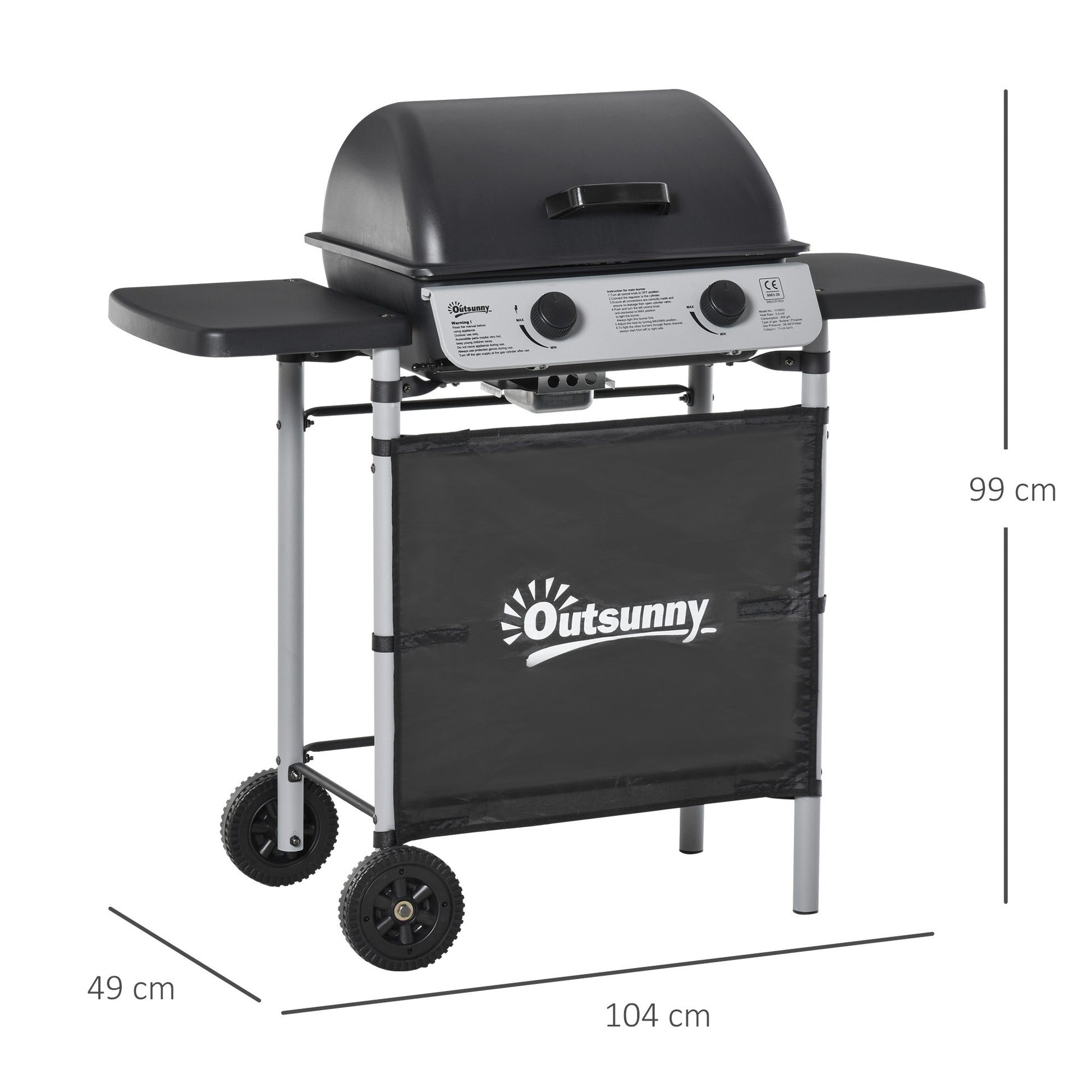 Outsunny Barbacoa de Gas con 2 Quemadores 5,6 KW BBQ de Gas con 2 Ruedas 2 Mesas Laterales y Parrillas de Acero para Picnic Camping 104x49x99 cm Negro