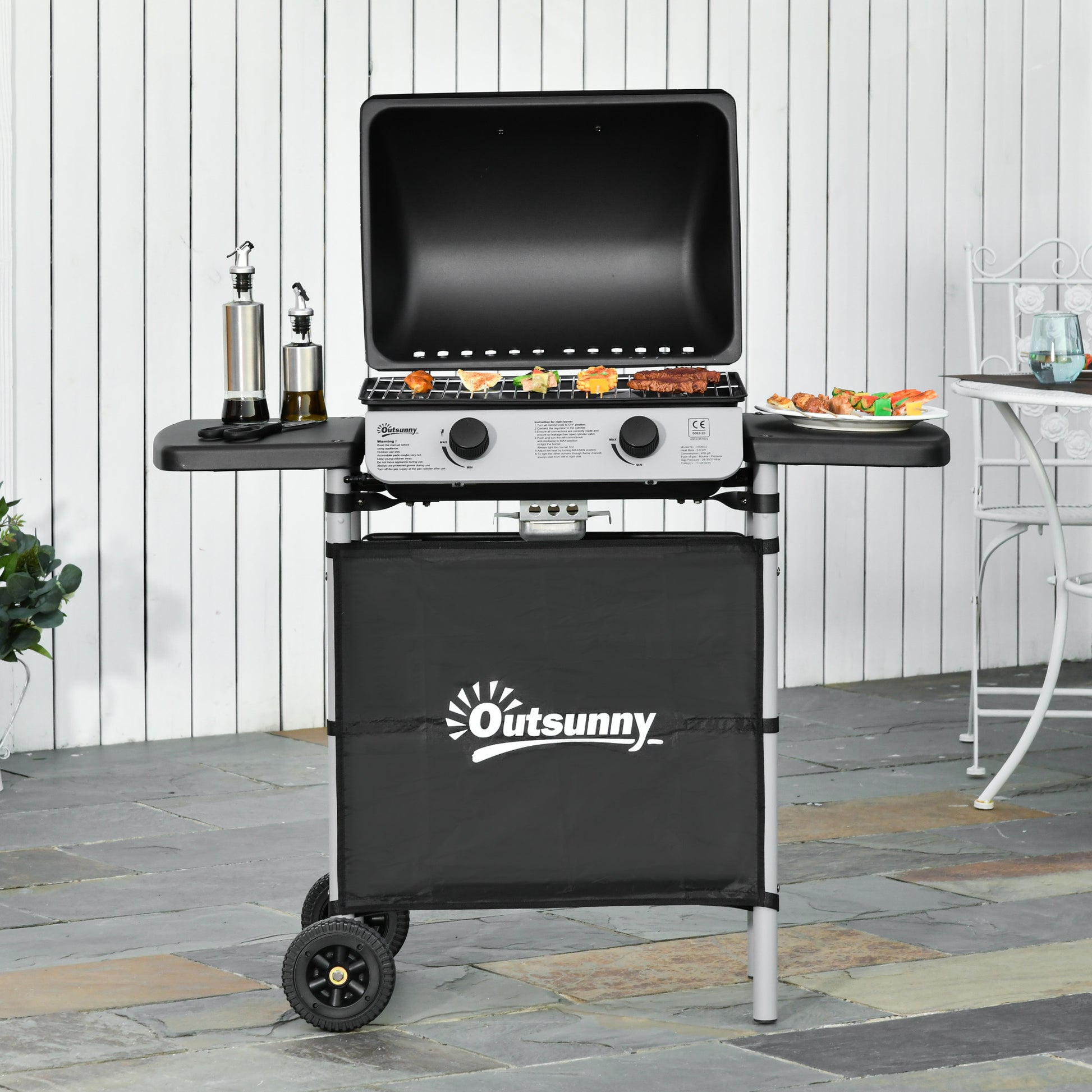 Outsunny Barbacoa de Gas con 2 Quemadores 5,6 KW BBQ de Gas con 2 Ruedas 2 Mesas Laterales y Parrillas de Acero para Picnic Camping 104x49x99 cm Negro