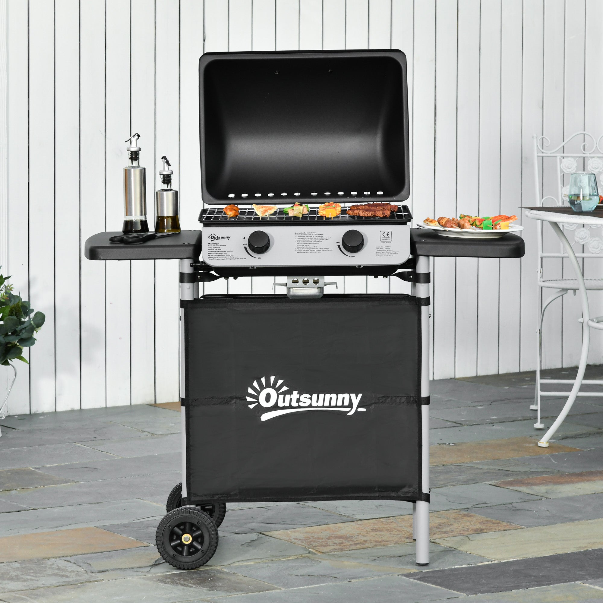 Outsunny Barbacoa de Gas con 2 Quemadores 5,6 KW BBQ de Gas con 2 Ruedas 2 Mesas Laterales y Parrillas de Acero para Picnic Camping 104x49x99 cm Negro