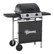 Outsunny Barbacoa de Gas con 2 Quemadores 5,6 KW BBQ de Gas con 2 Ruedas 2 Mesas Laterales y Parrillas de Acero para Picnic Camping 104x49x99 cm Negro