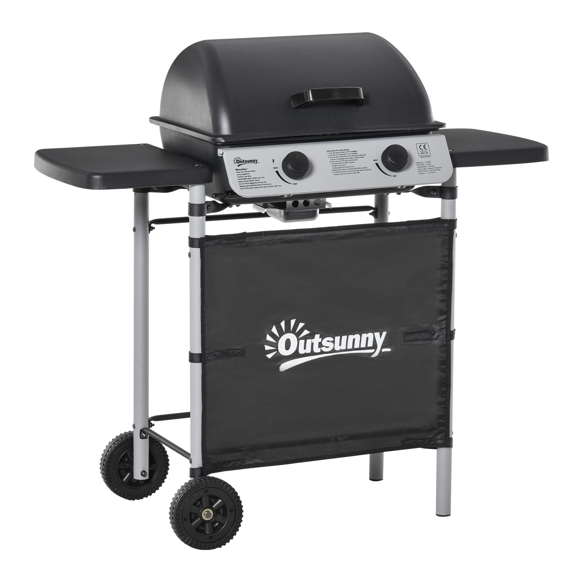 Outsunny Barbacoa de Gas con 2 Quemadores 5,6 KW BBQ de Gas con 2 Ruedas 2 Mesas Laterales y Parrillas de Acero para Picnic Camping 104x49x99 cm Negro