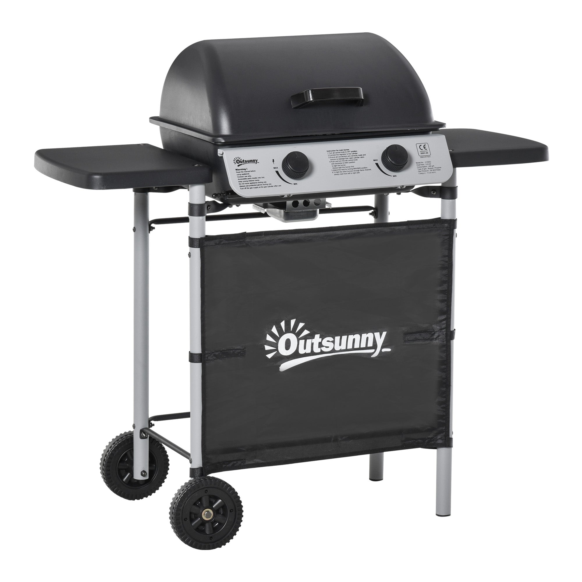 Outsunny Barbacoa de Gas con 2 Quemadores 5,6 KW BBQ de Gas con 2 Ruedas 2 Mesas Laterales y Parrillas de Acero para Picnic Camping 104x49x99 cm Negro