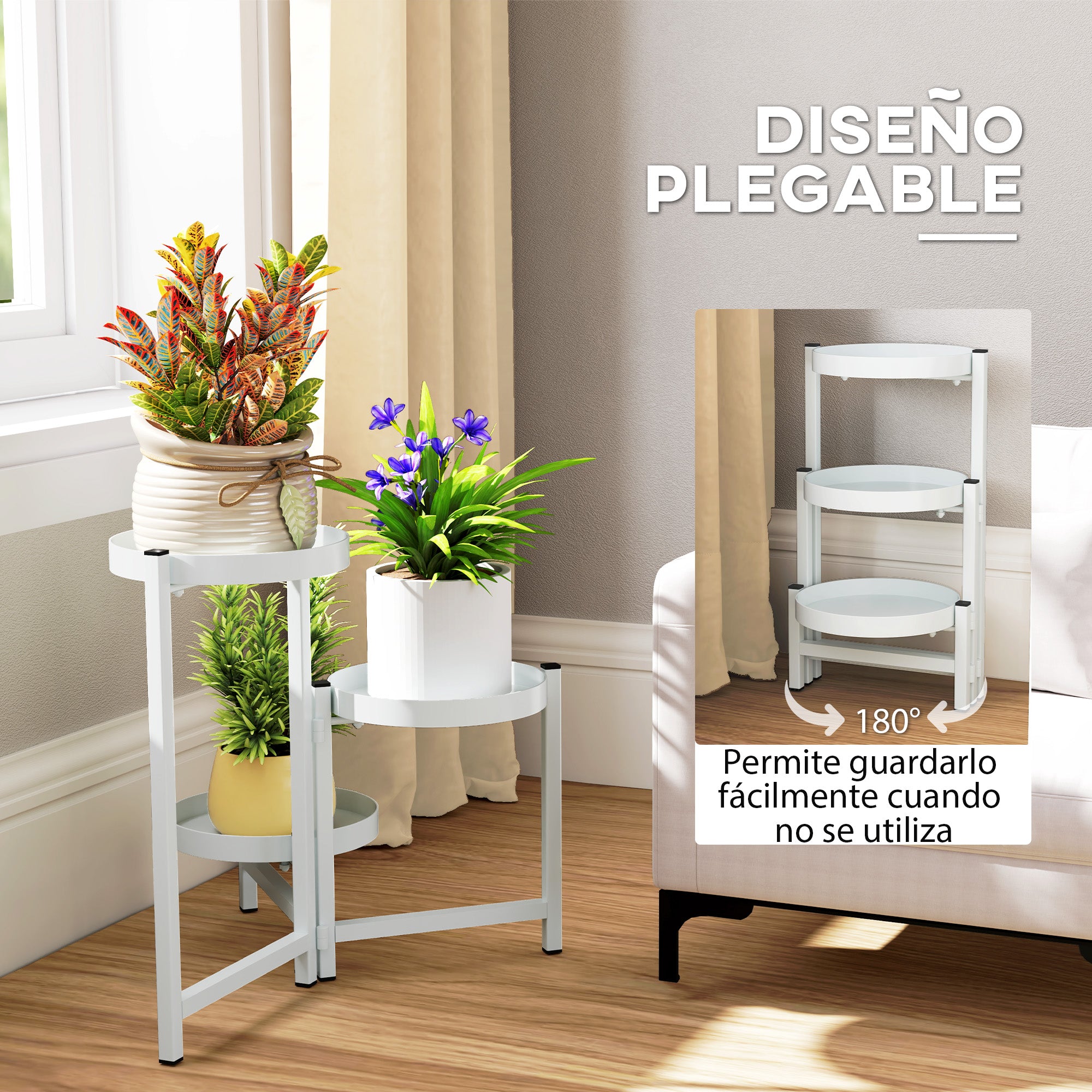 Outsunny Estantería para Plantas Plegable de 3 Niveles Soporte para Plantas de Metal con 3 Estantes Redondos Soporte para Macetas para Interior y Exterior 40x40x42 cm Blanco