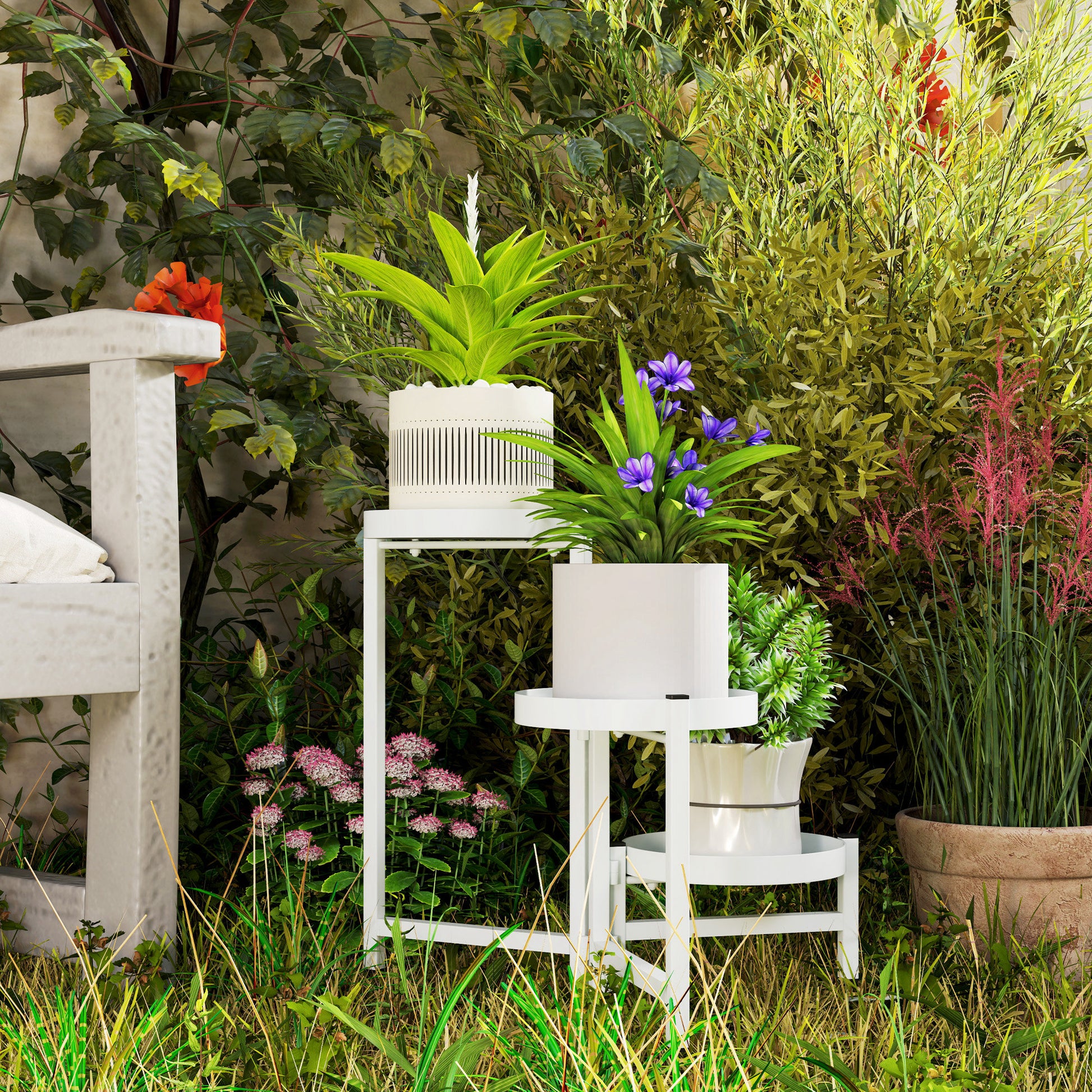 Outsunny Estantería para Plantas Plegable de 3 Niveles Soporte para Plantas de Metal con 3 Estantes Redondos Soporte para Macetas para Interior y Exterior 40x40x42 cm Blanco