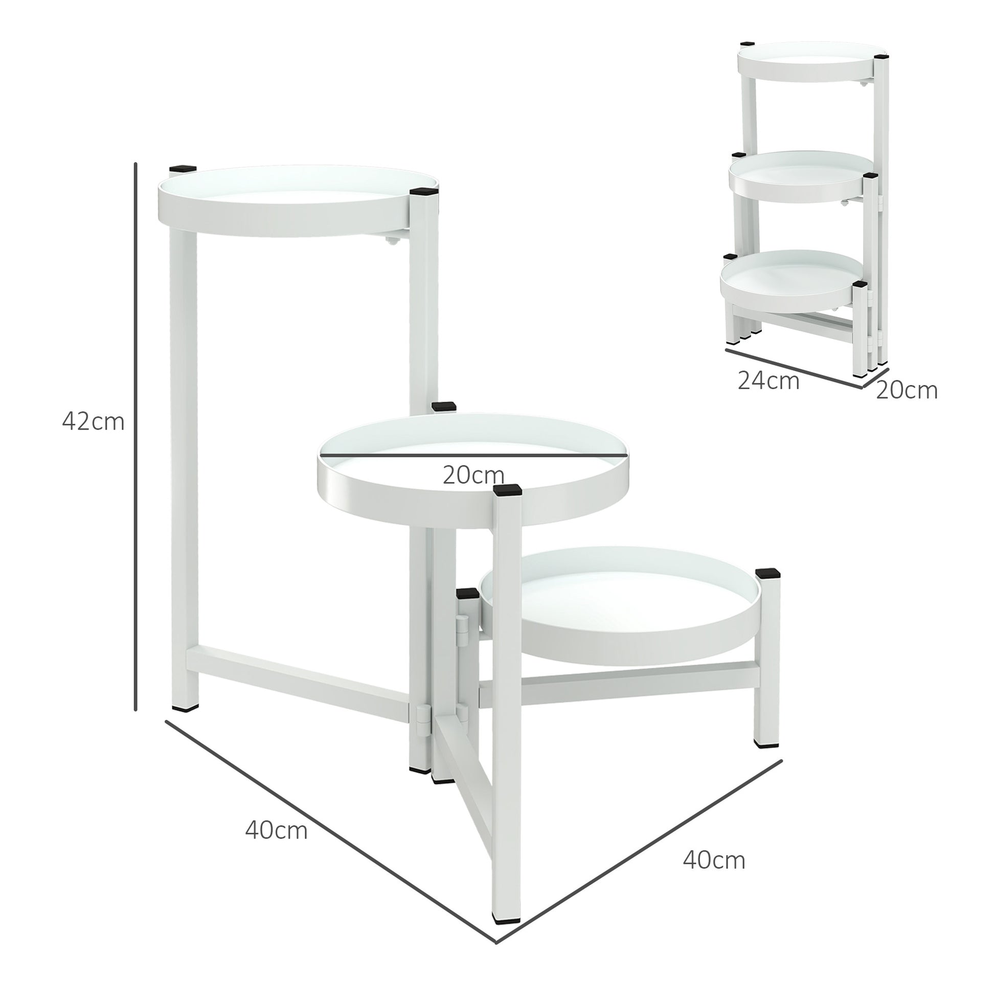 Outsunny Estantería para Plantas Plegable de 3 Niveles Soporte para Plantas de Metal con 3 Estantes Redondos Soporte para Macetas para Interior y Exterior 40x40x42 cm Blanco