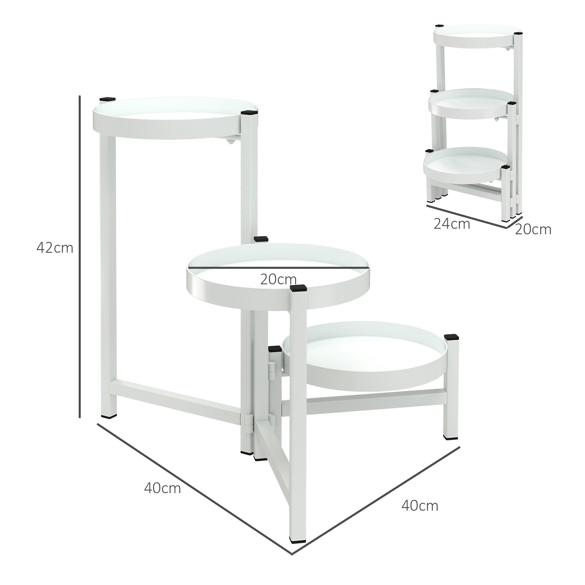 Outsunny Estantería para Plantas Plegable de 3 Niveles Soporte para Plantas de Metal con 3 Estantes Redondos Soporte para Macetas para Interior y Exterior 40x40x42 cm Blanco