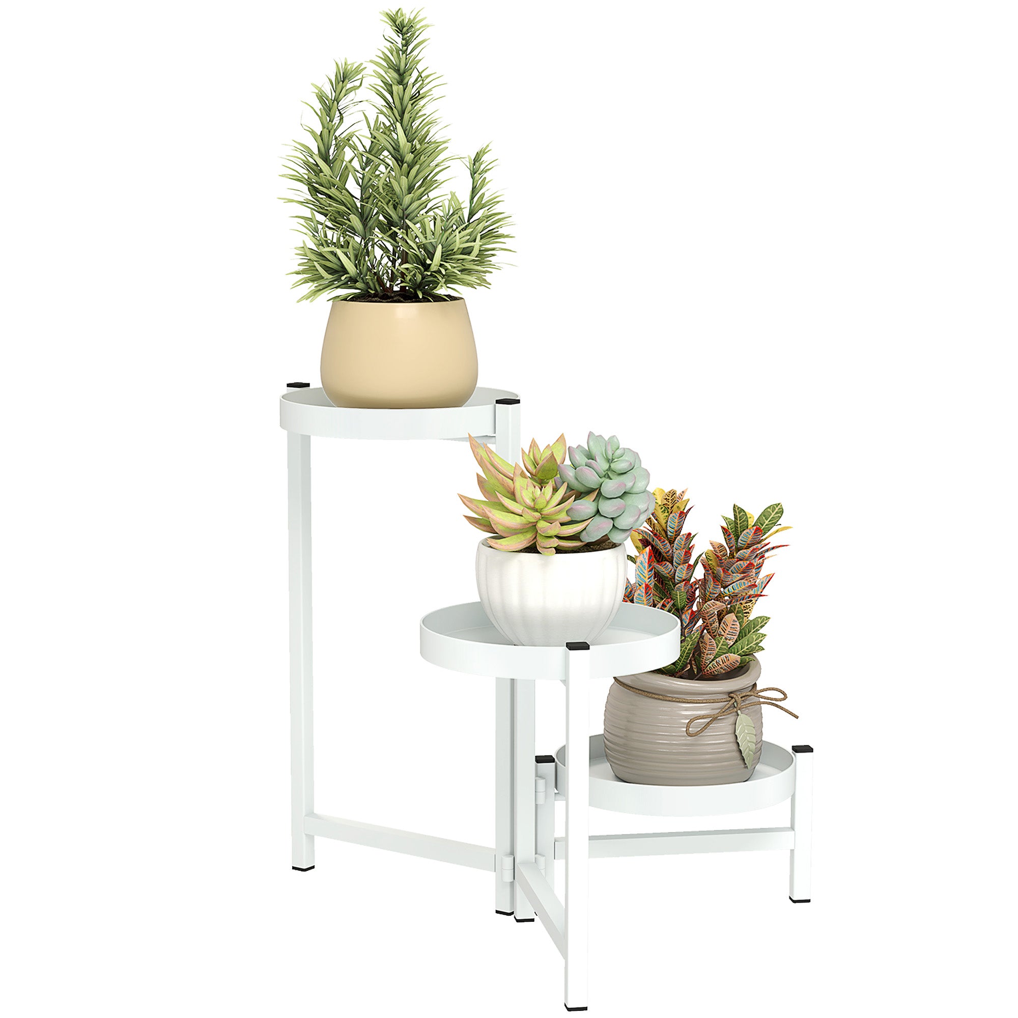 Outsunny Estantería para Plantas Plegable de 3 Niveles Soporte para Plantas de Metal con 3 Estantes Redondos Soporte para Macetas para Interior y Exterior 40x40x42 cm Blanco
