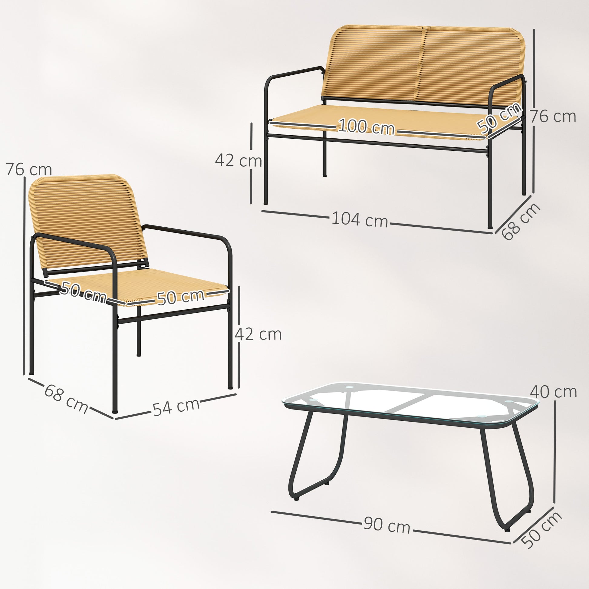 Outsunny Conjunto Jardín Exterior de Ratán Conjunto Terraza Resistente a la Intemperie Muebles Jardín Exterior con 2 Sillones Sofá de 2 Plazas y Mesa de Tablero de Vidrio Templado Natural