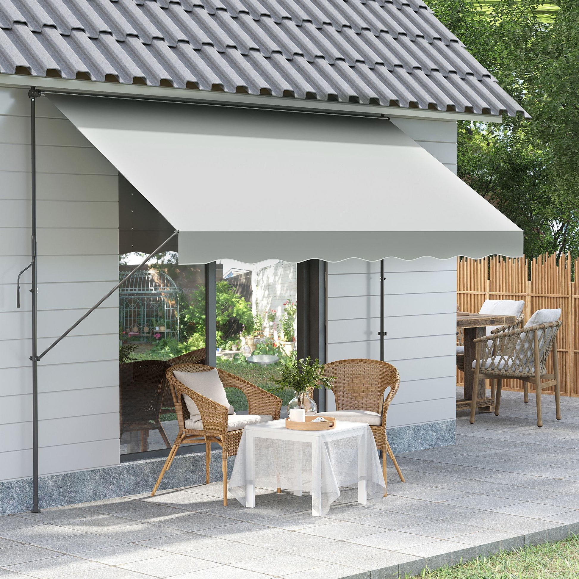Outsunny Toldo Manual Retráctil 3x1,75 m Toldo Exterior Terraza Enrollable Altura Ajustable con Manivela 210-310 cm Sin Taladro para Balcón Jardín Crema
