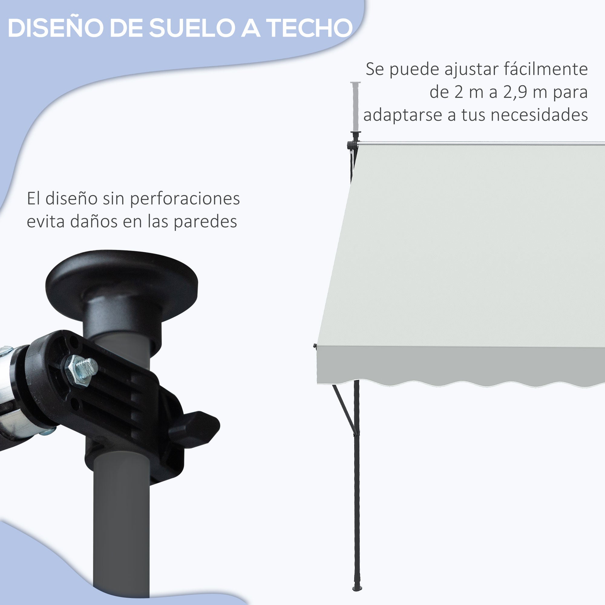 Outsunny Toldo Manual Retráctil 3x1,75 m Toldo Exterior Terraza Enrollable Altura Ajustable con Manivela 210-310 cm Sin Taladro para Balcón Jardín Crema