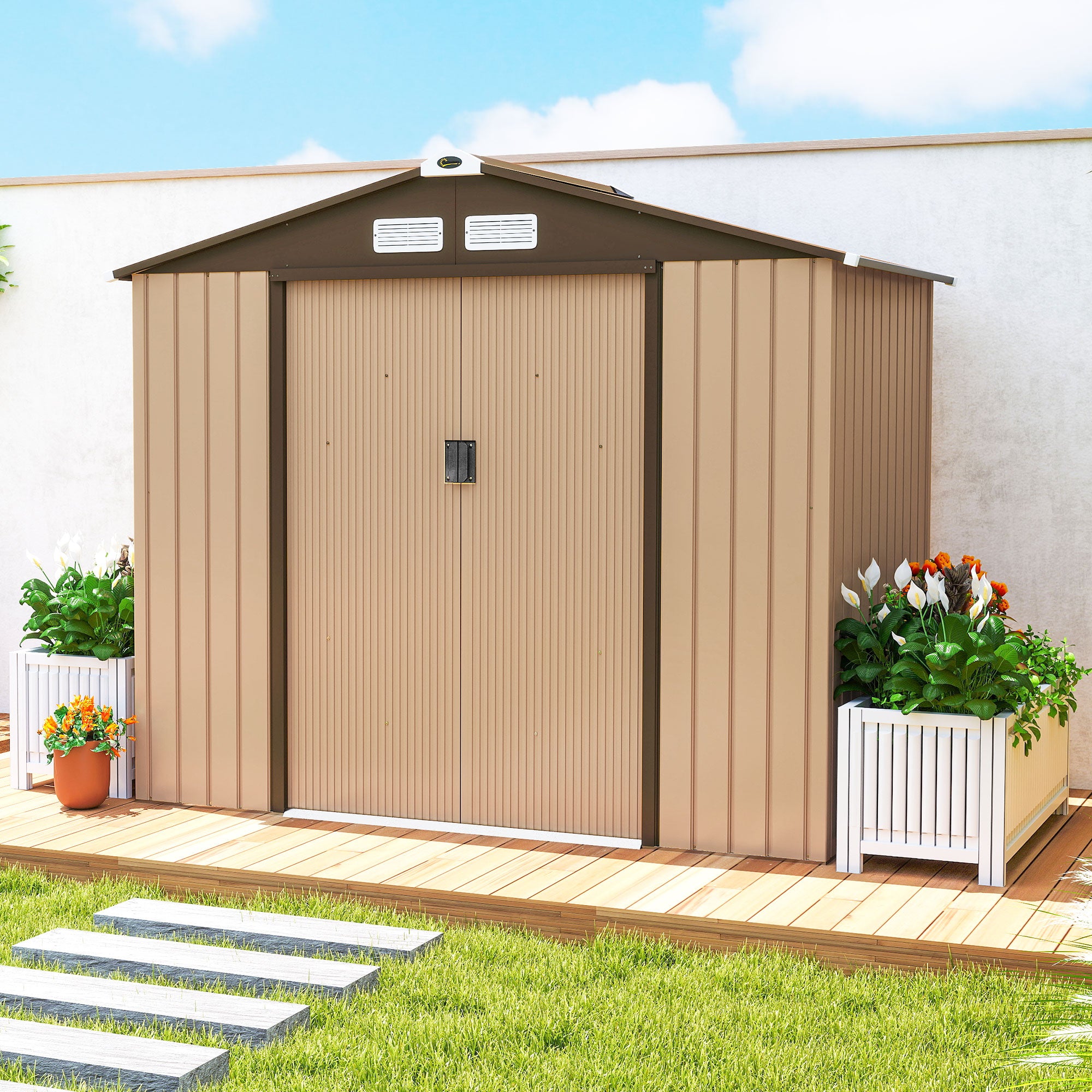 Outsunny Caseta de Jardín Exterior 2,42 m², 213x130x185 cm, Cobertizo de Jardín Exterior Metálico con Puertas Correderas, Ventilación y Kit de Fundación, para Almacenamiento de Herramientas, Amarillo