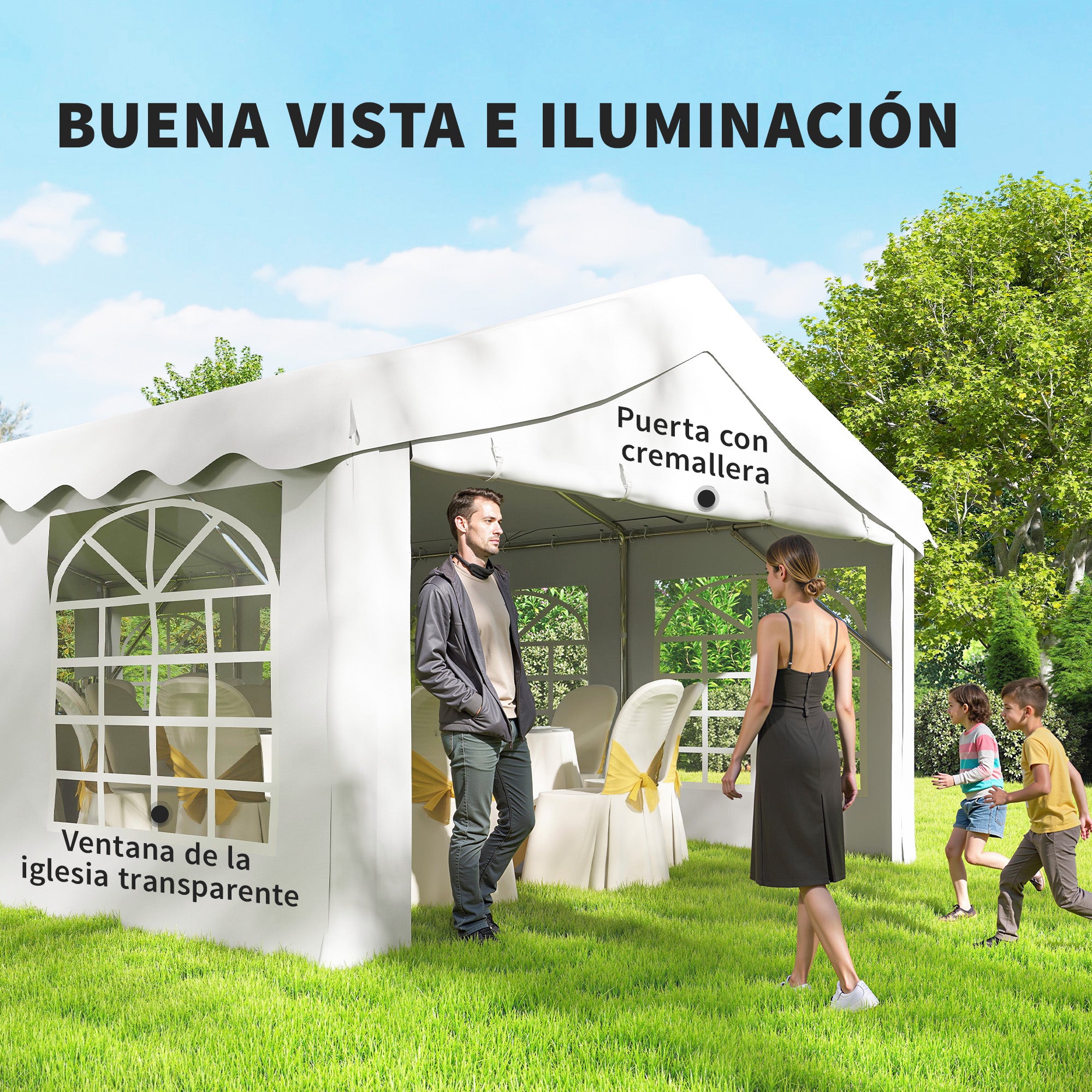 Outsunny Carpa para Fiesta 4x8 m, Carpa de Jardín con Estructura de Acero Galvanizado, Paredes Laterales Extraíbles, Puerta con Cremallera y Ventanas, UPF50+, Cenador Gazabo para Boda, Eventos, Blanco