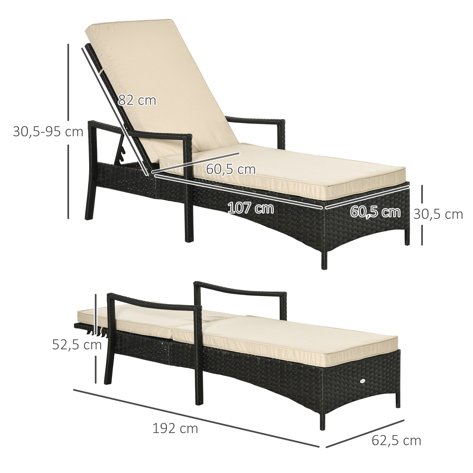 Outsunny Set de 2 Tumbonas de Ratán de Jardín Chaise Longue con Respaldo Ajustable en 4 Posiciones Cojines Acolchados y Desenfundables para Terraza Patio Exterior 192x62,5x58-95 cm Marrón y Beige