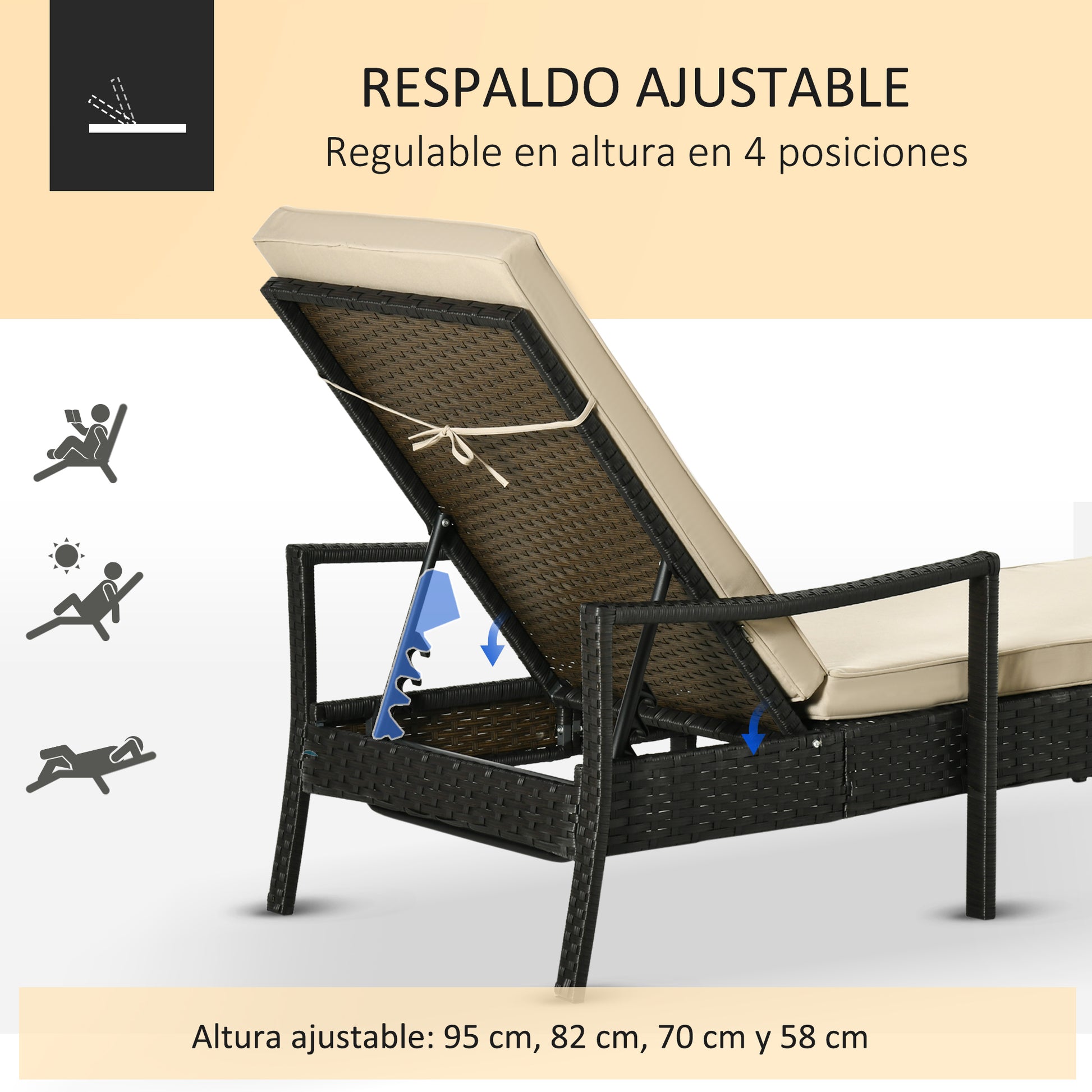 Outsunny Set de 2 Tumbonas de Ratán de Jardín Chaise Longue con Respaldo Ajustable en 4 Posiciones Cojines Acolchados y Desenfundables para Terraza Patio Exterior 192x62,5x58-95 cm Marrón y Beige