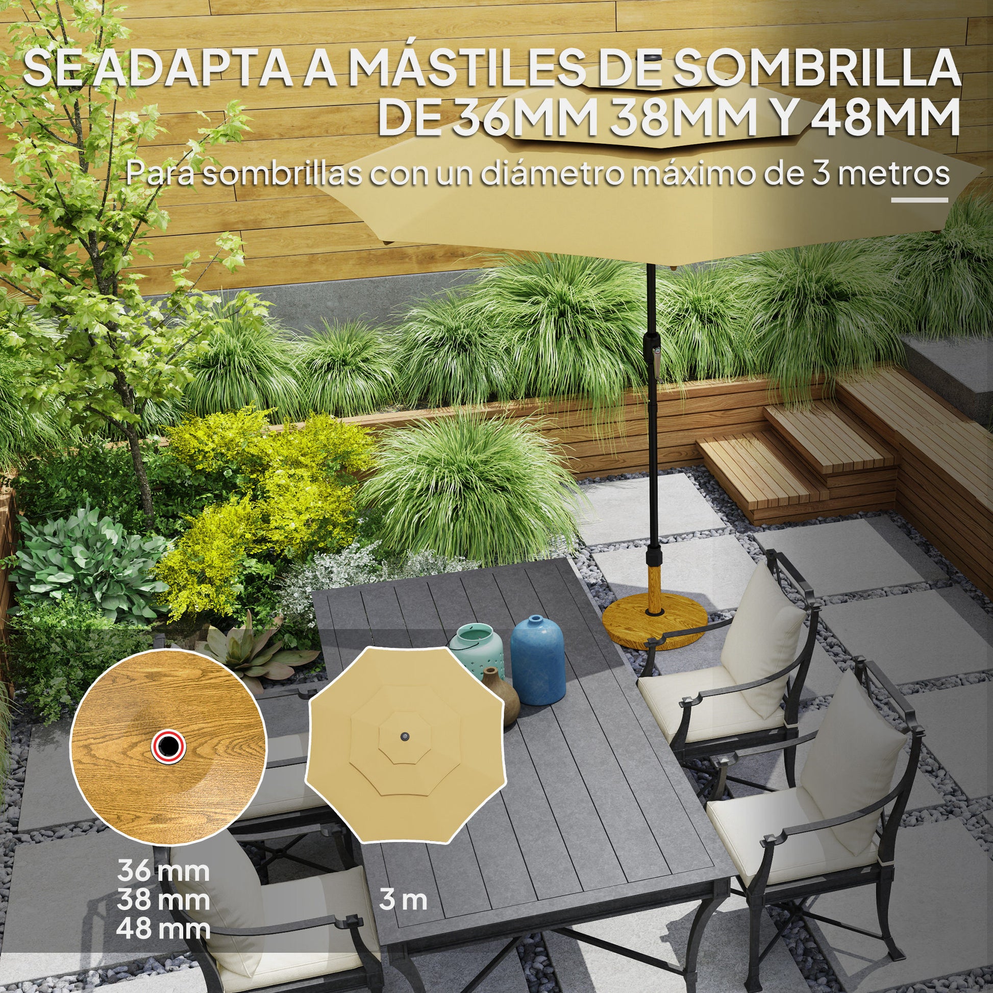 Outsunny Base para Sombrilla Redonda Soporte para Parasol con Almohadillas Ajustables Pie para Sombrilla con Relleno de Cemento Peso 24,5 kg para Jardín Terraza Natural