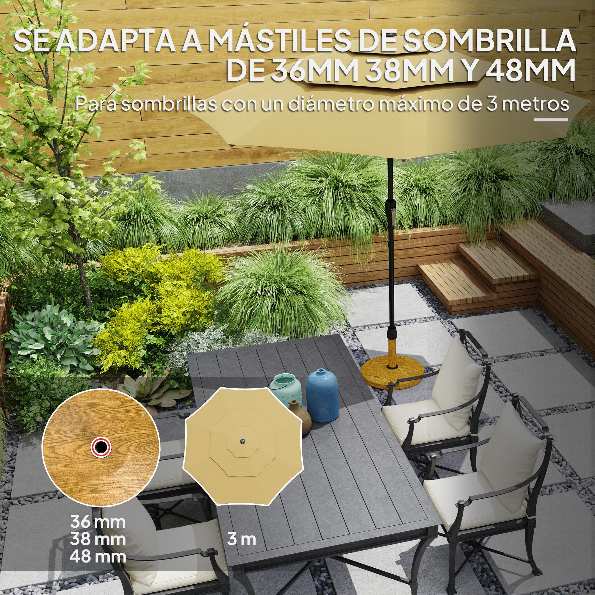 Outsunny Base para Sombrilla Redonda Soporte para Parasol con Almohadillas Ajustables Pie para Sombrilla con Relleno de Cemento Peso 24,5 kg para Jardín Terraza Natural