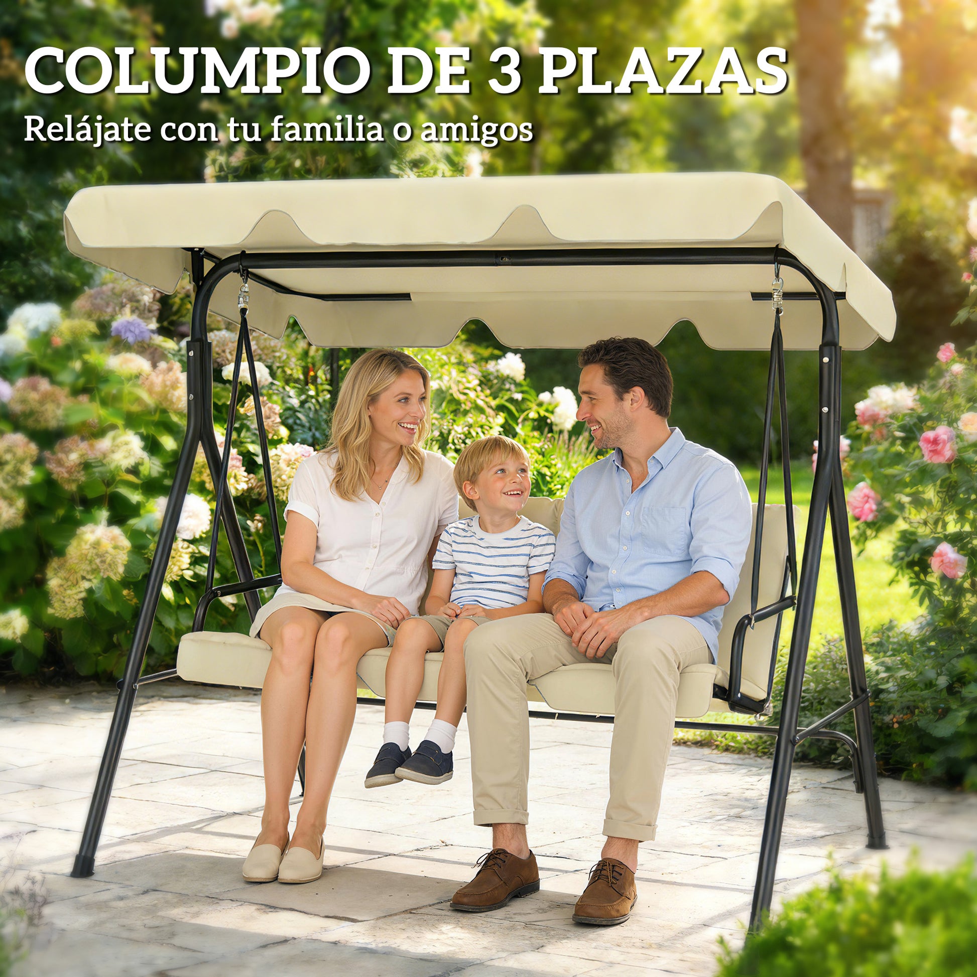 Outsunny Columpio de Jardín Exterior de 3 Plazas, Balancín de Jardín Exterior con Techo Ajustable, Cojín y Marco de Acero, para Balcón, Terraza, Patio, Carga 240 kg, 172x118x153 cm, Beige