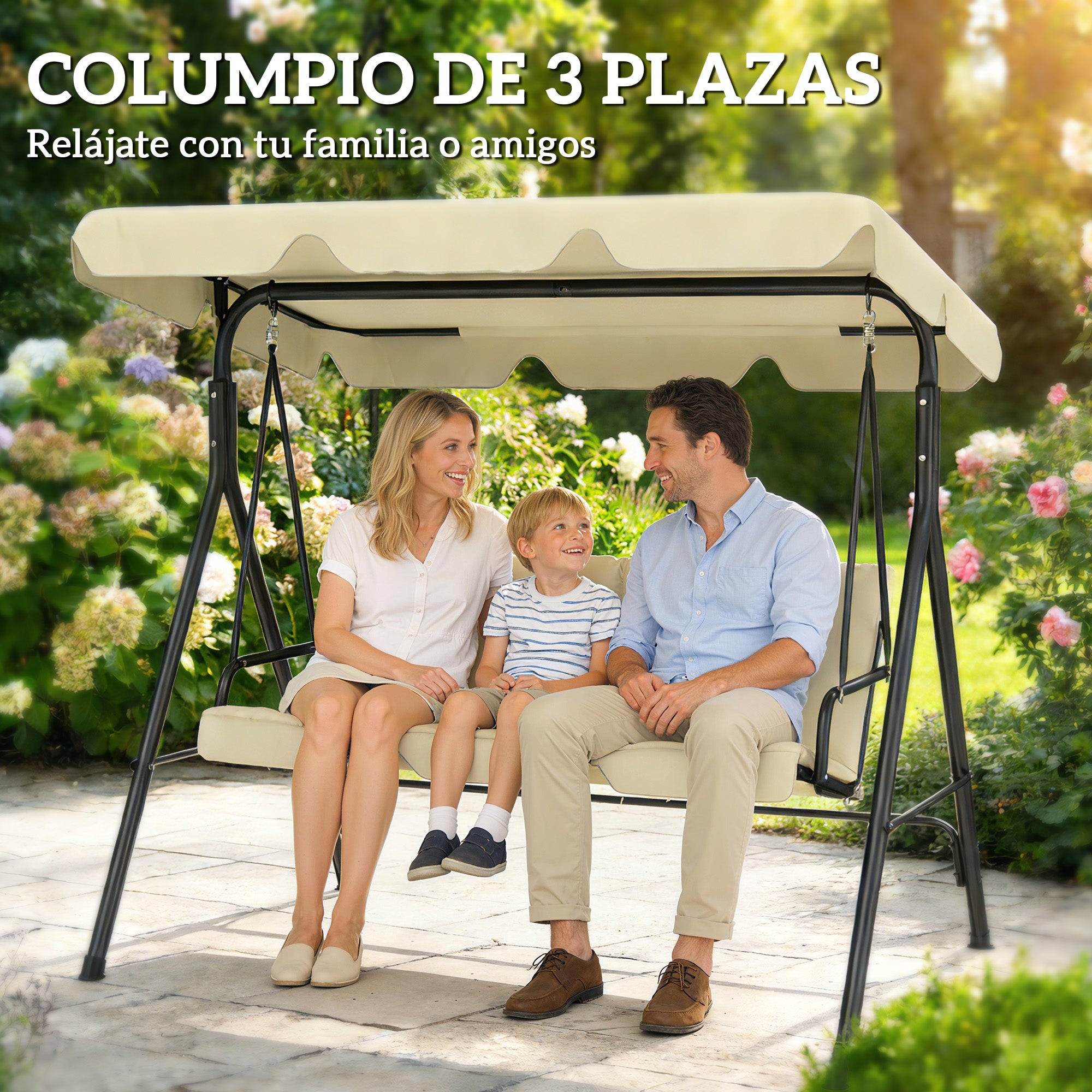 Outsunny Columpio de Jardín Exterior de 3 Plazas, Balancín de Jardín Exterior con Techo Ajustable, Cojín y Marco de Acero, para Balcón, Terraza, Patio, Carga 240 kg, 172x118x153 cm, Beige