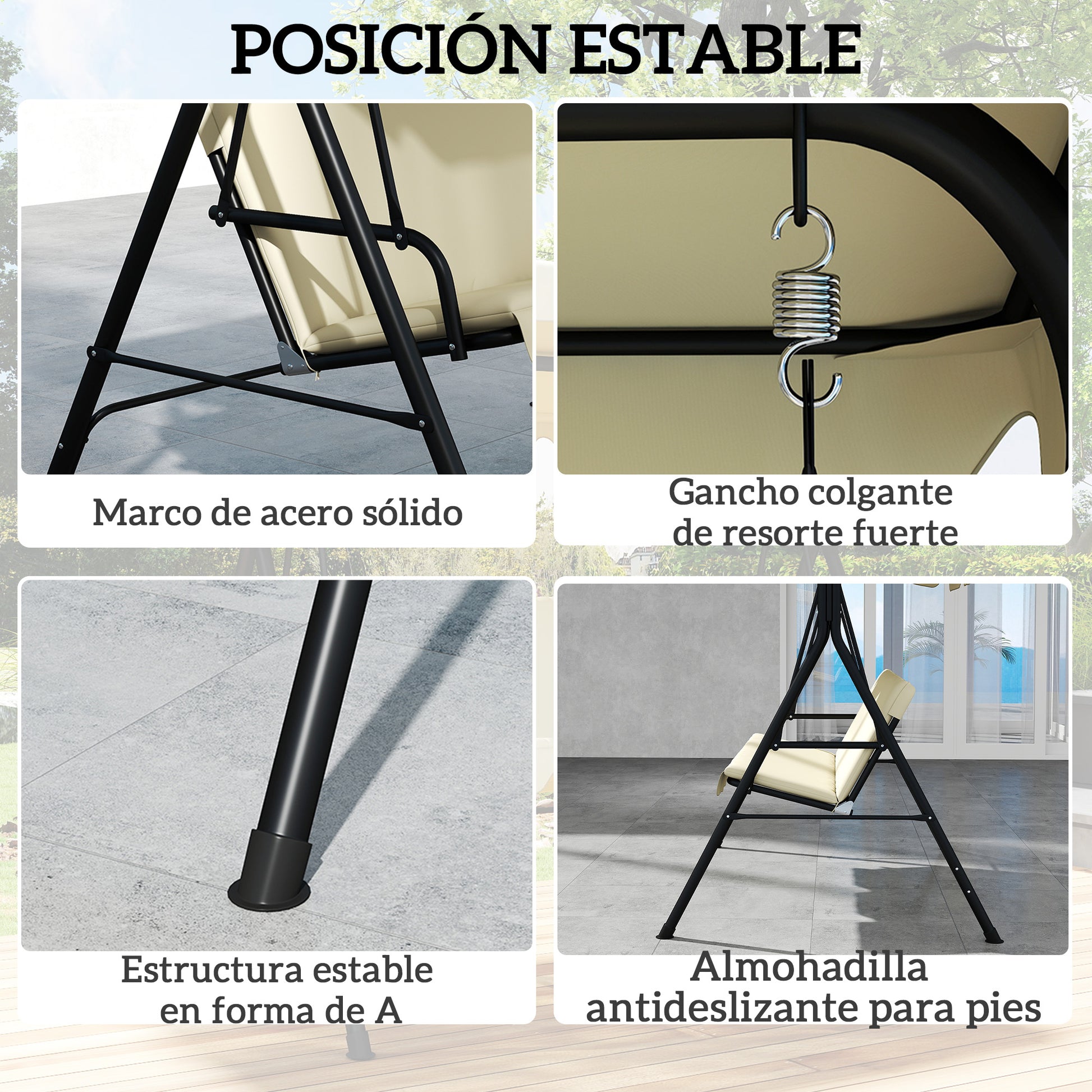 Outsunny Columpio de Jardín Exterior de 3 Plazas, Balancín de Jardín Exterior con Techo Ajustable, Cojín y Marco de Acero, para Balcón, Terraza, Patio, Carga 240 kg, 172x118x153 cm, Beige