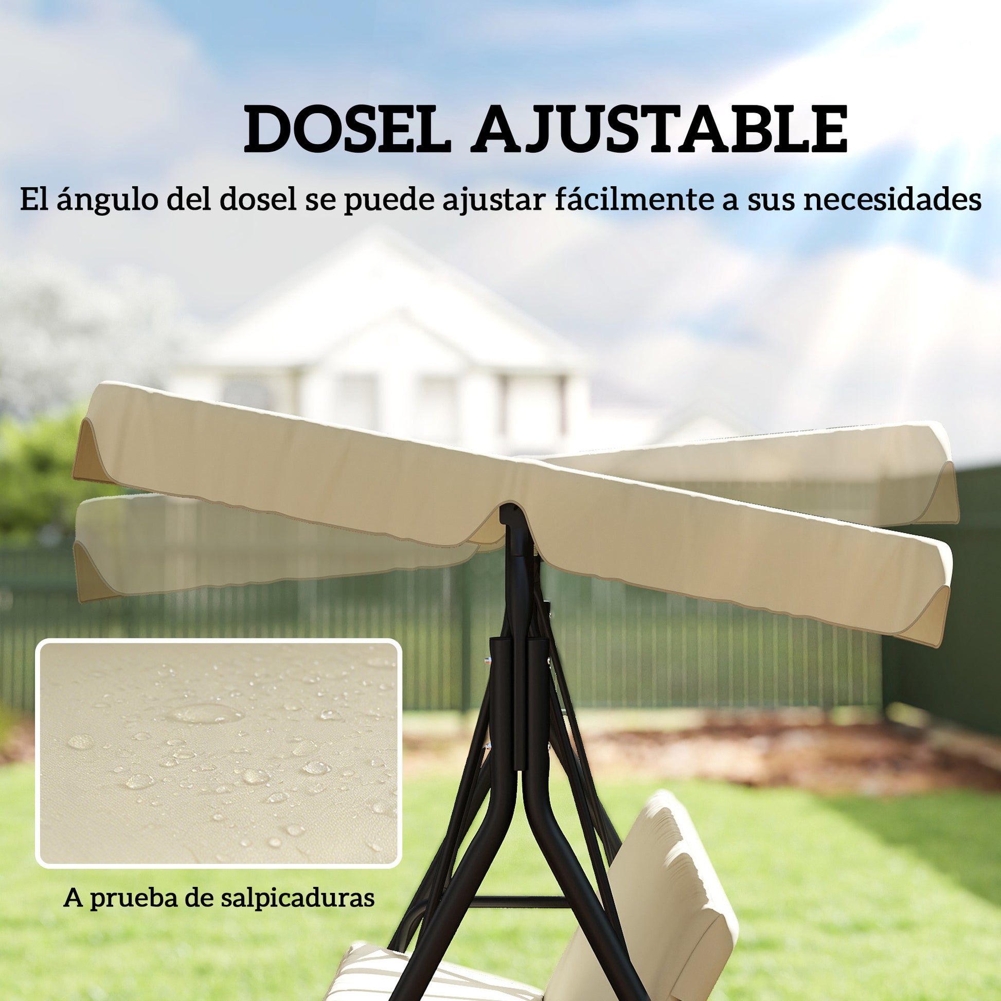 Outsunny Columpio de Jardín Exterior de 3 Plazas, Balancín de Jardín Exterior con Techo Ajustable, Cojín y Marco de Acero, para Balcón, Terraza, Patio, Carga 240 kg, 172x118x153 cm, Beige