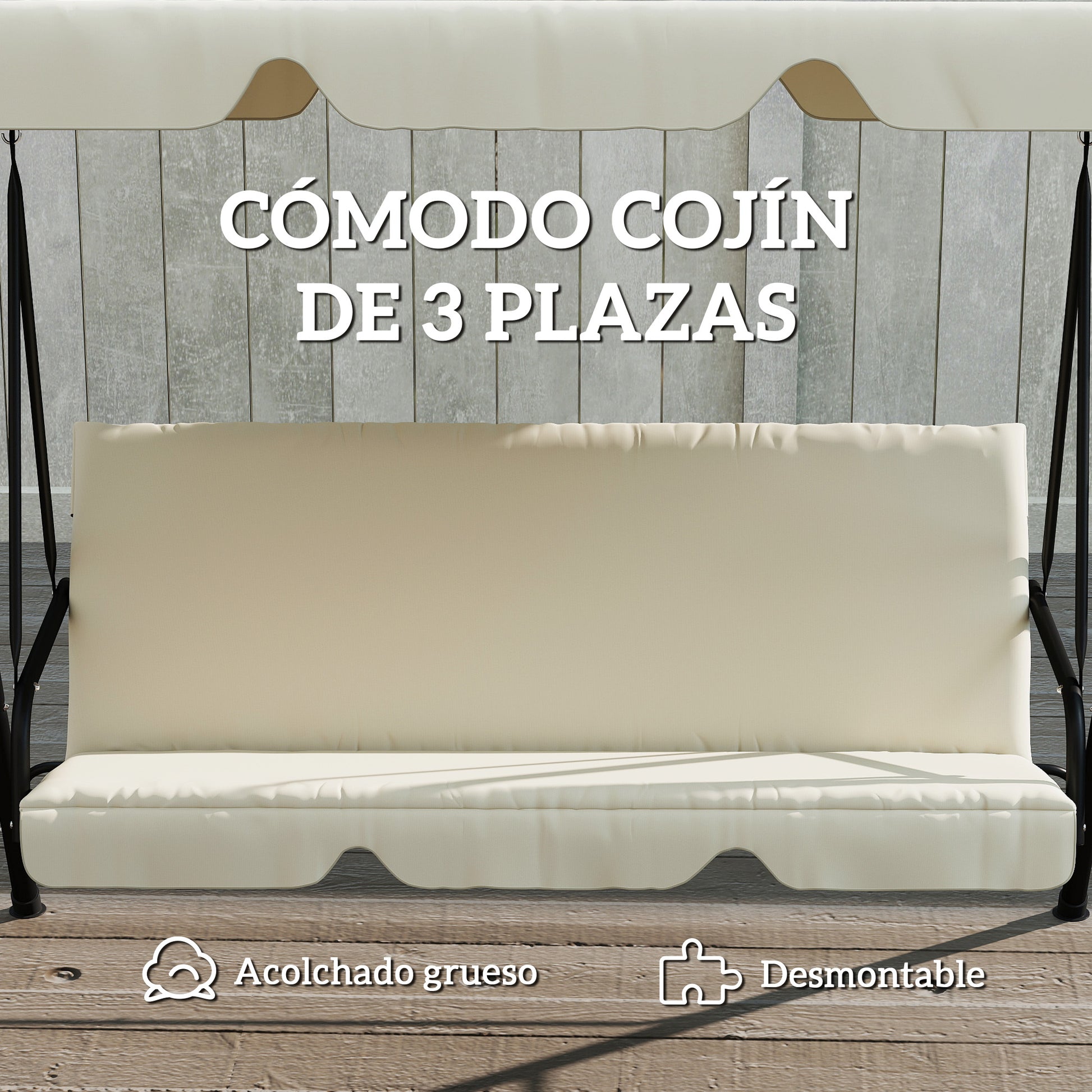 Outsunny Columpio de Jardín Exterior de 3 Plazas, Balancín de Jardín Exterior con Techo Ajustable, Cojín y Marco de Acero, para Balcón, Terraza, Patio, Carga 240 kg, 172x118x153 cm, Beige