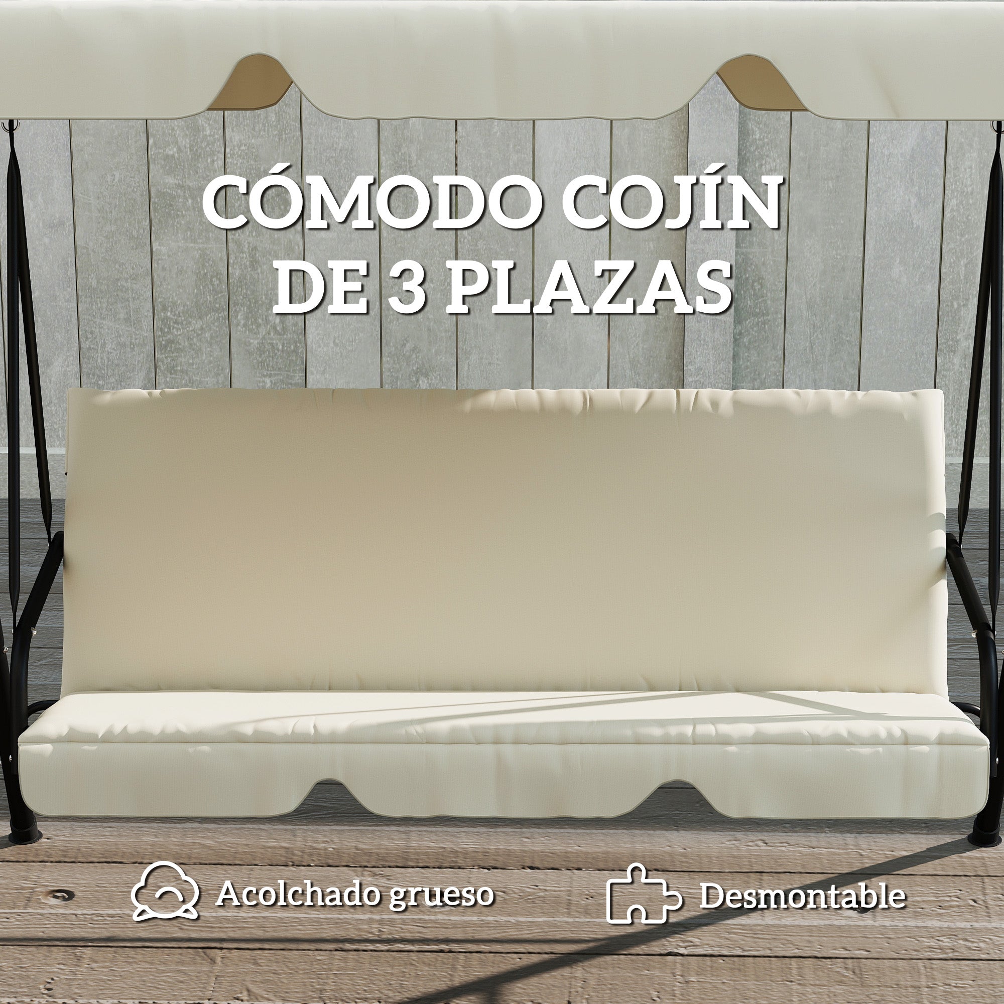 Outsunny Columpio de Jardín Exterior de 3 Plazas, Balancín de Jardín Exterior con Techo Ajustable, Cojín y Marco de Acero, para Balcón, Terraza, Patio, Carga 240 kg, 172x118x153 cm, Beige