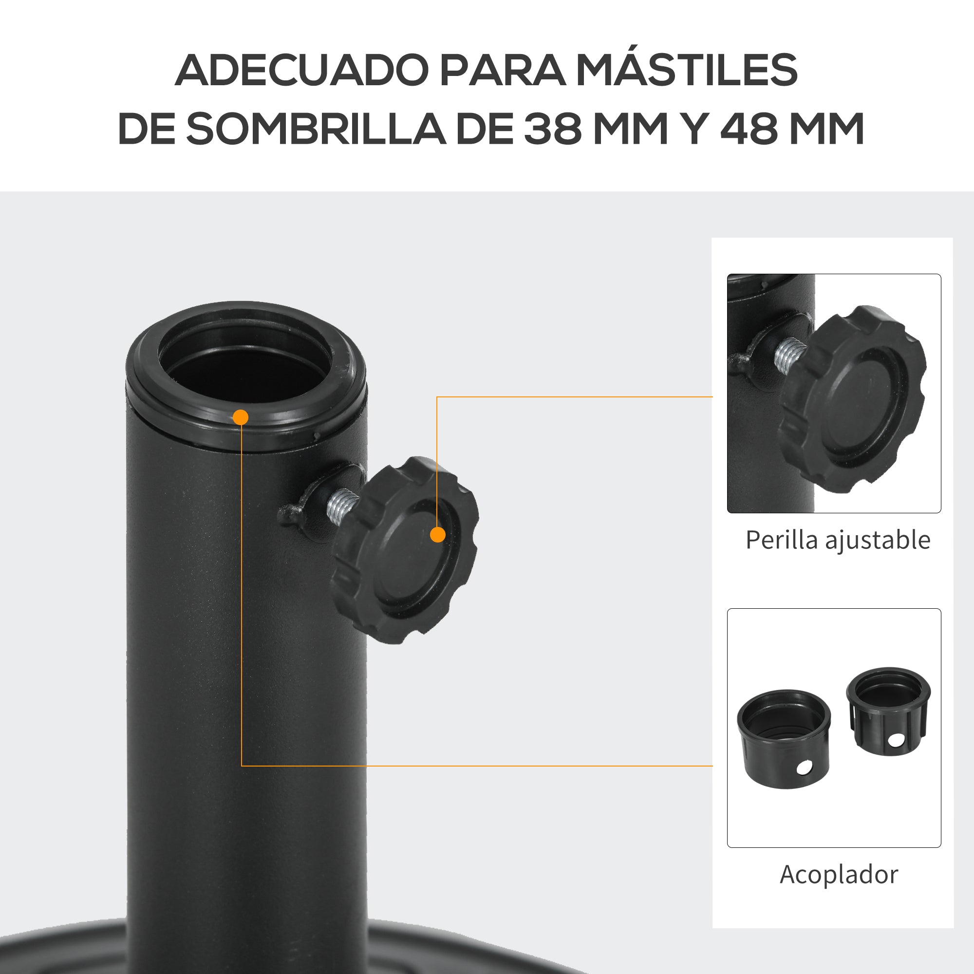Outsunny Base de Sombrilla Redondo Soporte para Parasol de HDPE Rellenable de Cemento Peso 13 kg para Poste de Parasol de Ø38/48 mm Ø43x32 cm Negro