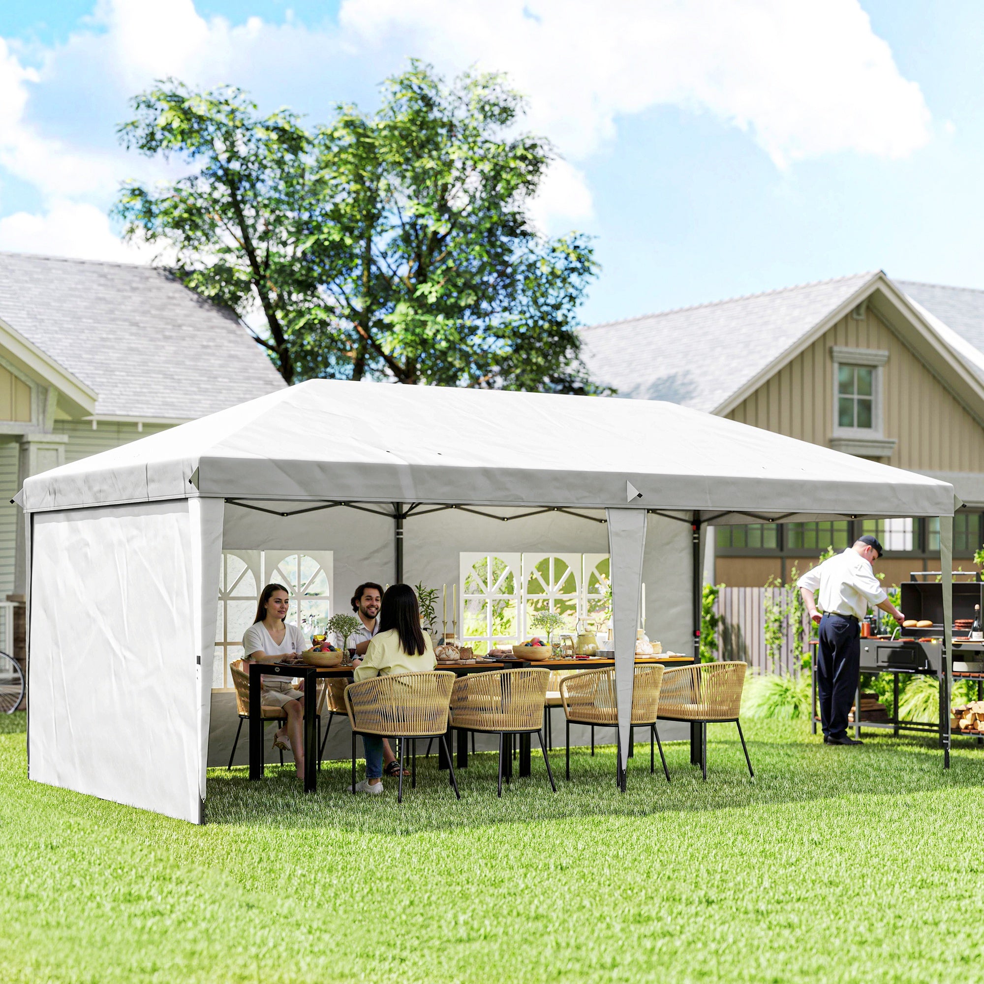 Outsunny Carpa Plegable 6x3 m, Pop-up, con 4 Laterales Desmontables, Cenador de Jardín con 2 Ventanas Visibles, Bolsa de Transporte, Impermeable, Anti-UV, Gazebo para Camping, Fiestas, Exterior Blanco