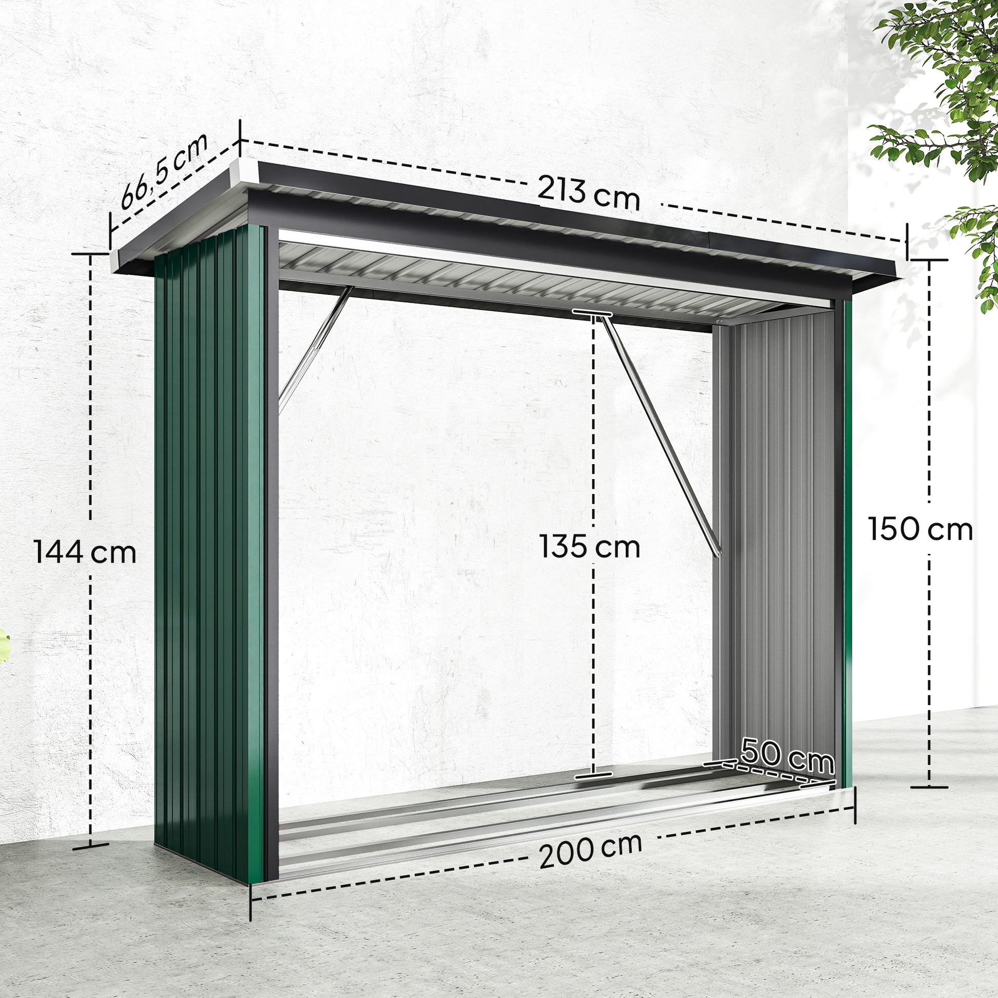 Outsunny Casetilla para Leña de Acero Galvanizado, Cobertizo Leñero Exterior de Almacenamiento de Troncos, con Base Elevada y Techo Inclinado, 213x66,5x150 cm, Verde
