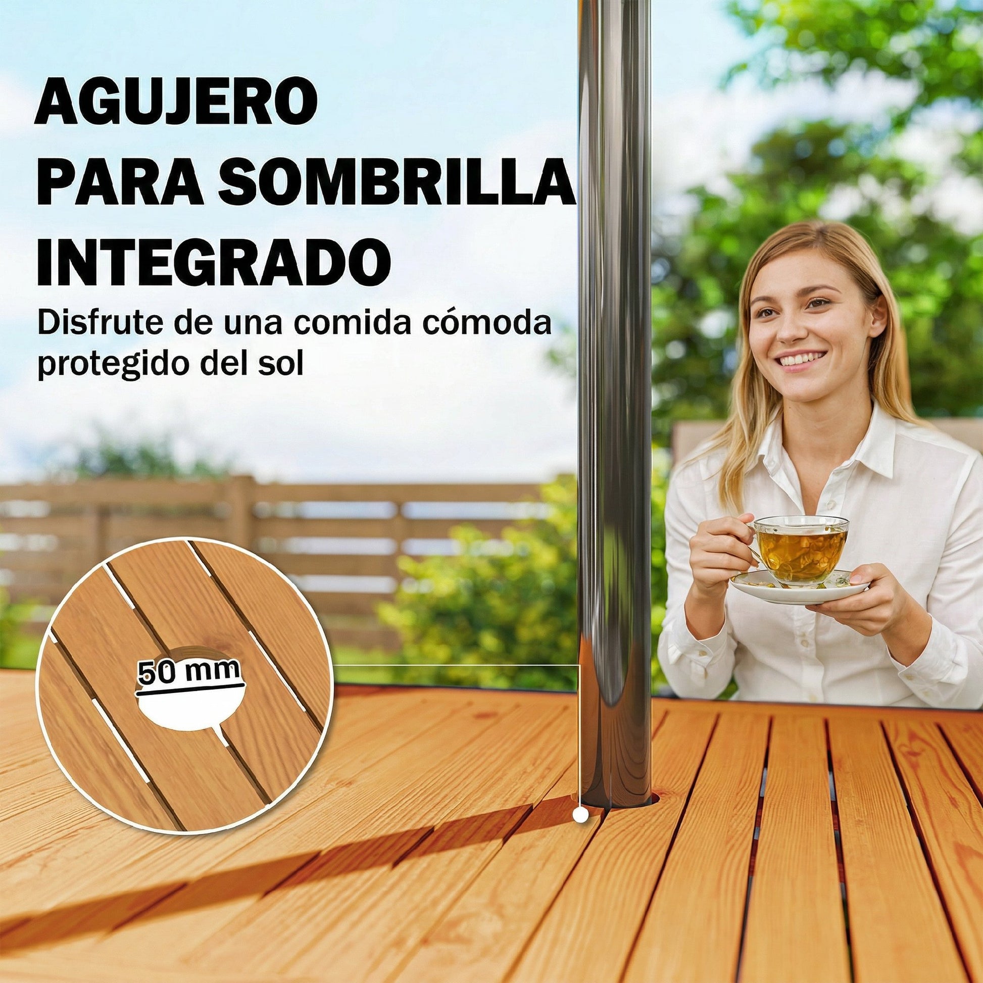 Outsunny Mesa de Jardín Extensible 100/150x70 cm, Mesa de Comedor Exterior Extensible Rectangular de Madera y Metal con Agujero para Sombrilla, para 4-6 Personas, para Patio, Terraza, Teca y Negro