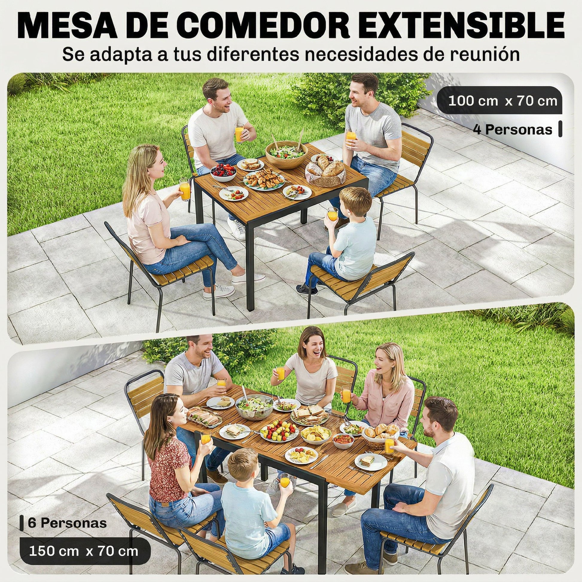 Outsunny Mesa de Jardín Extensible 100/150x70 cm, Mesa de Comedor Exterior Extensible Rectangular de Madera y Metal con Agujero para Sombrilla, para 4-6 Personas, para Patio, Terraza, Teca y Negro