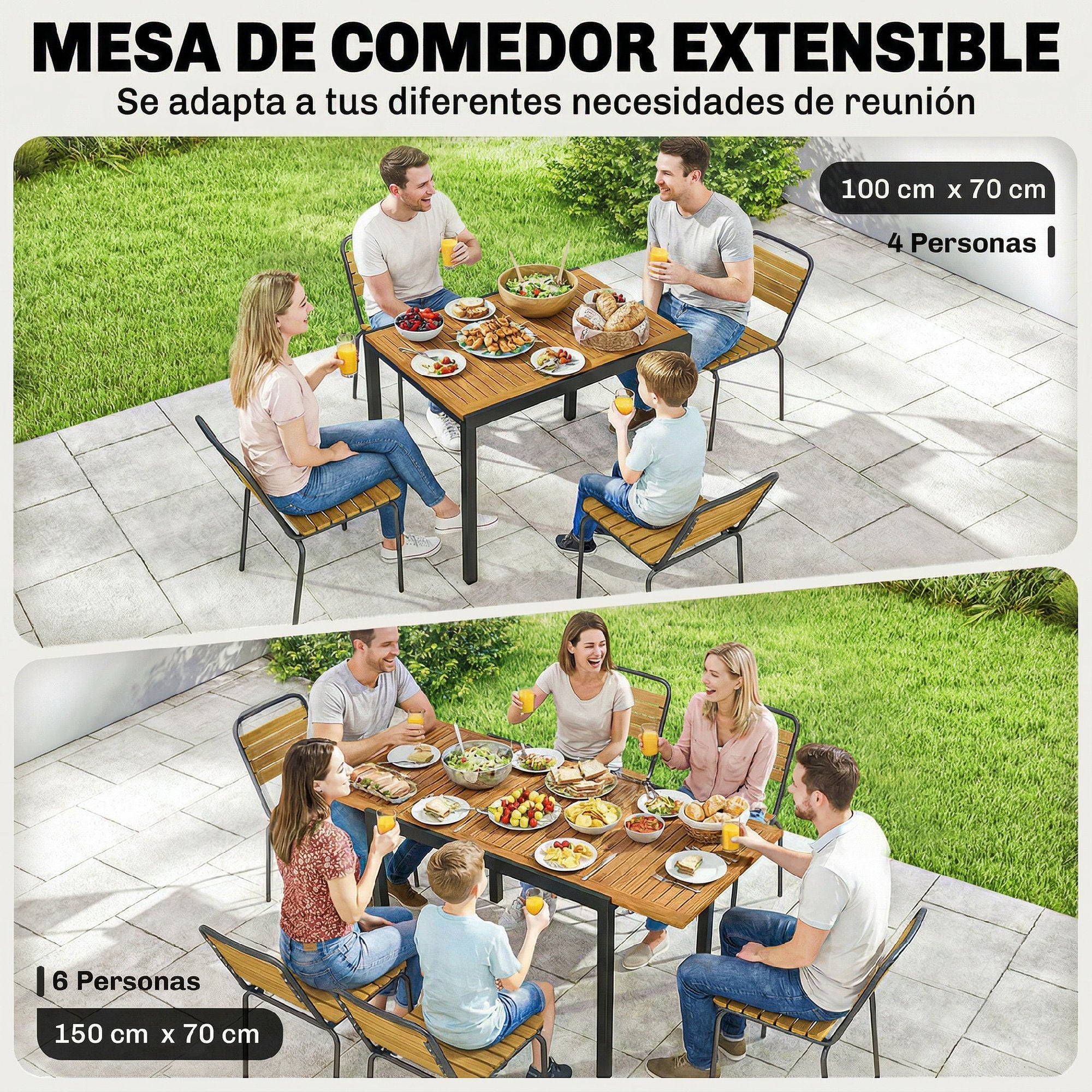 Outsunny Mesa de Jardín Extensible 100/150x70 cm, Mesa de Comedor Exterior Extensible Rectangular de Madera y Metal con Agujero para Sombrilla, para 4-6 Personas, para Patio, Terraza, Teca y Negro