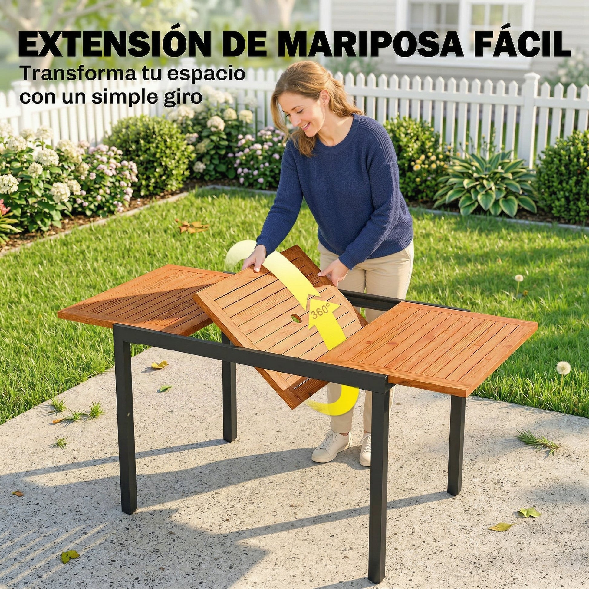 Outsunny Mesa de Jardín Extensible 100/150x70 cm, Mesa de Comedor Exterior Extensible Rectangular de Madera y Metal con Agujero para Sombrilla, para 4-6 Personas, para Patio, Terraza, Teca y Negro