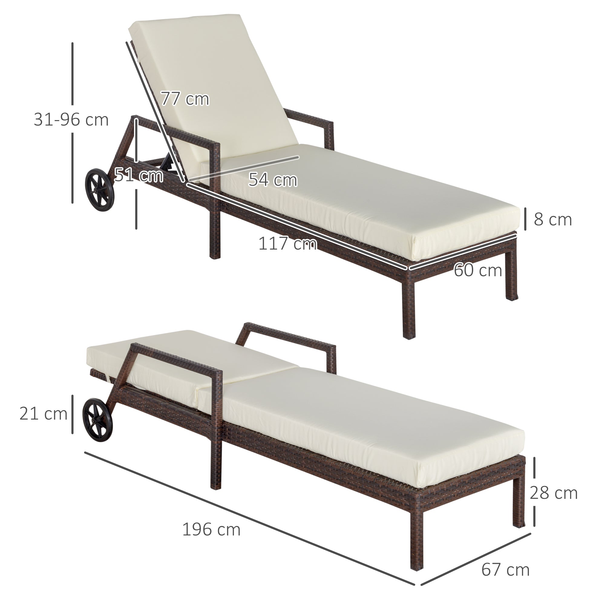 Outsunny Conjunto de 2 Tumbonas de Ratán de Jardín con Cojines Acolchados Respaldo Ajustable en 5 Posiciones 2 Ruedas y Tela Extraíble Lavable 67x196x51 cm Crema