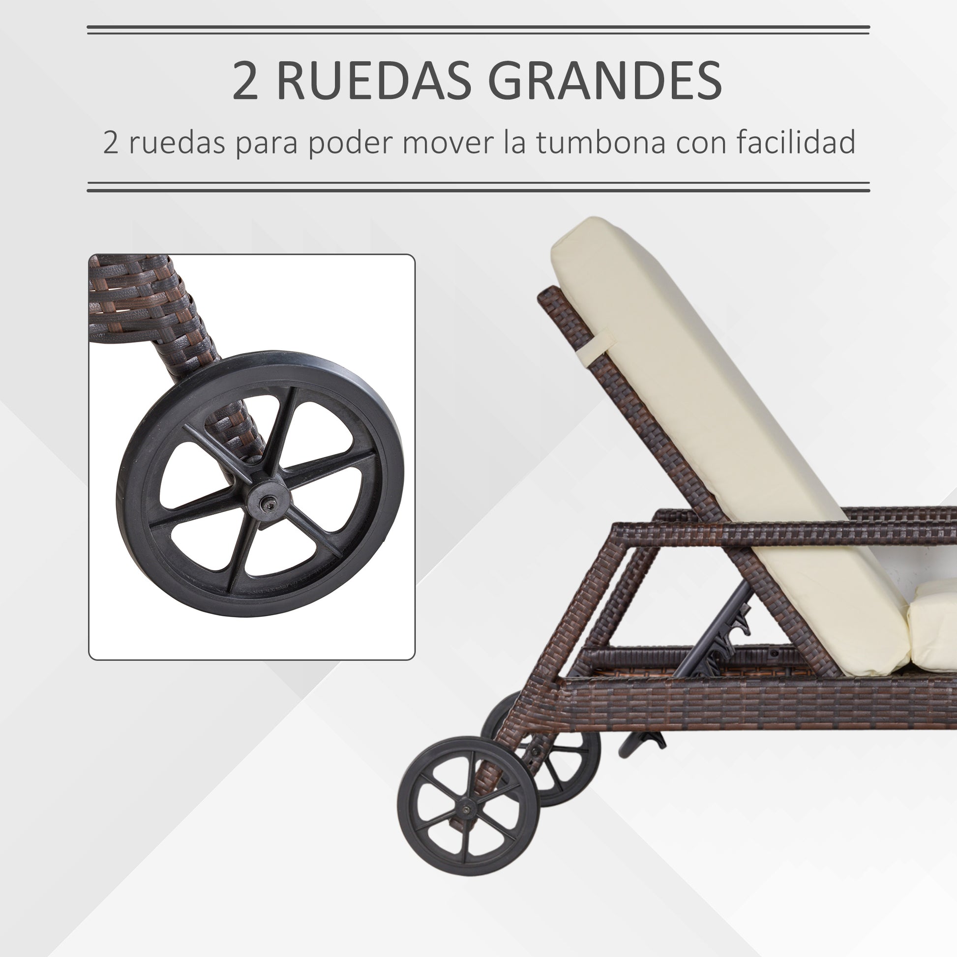 Outsunny Conjunto de 2 Tumbonas de Ratán de Jardín con Cojines Acolchados Respaldo Ajustable en 5 Posiciones 2 Ruedas y Tela Extraíble Lavable 67x196x51 cm Crema