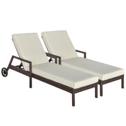 Outsunny Conjunto de 2 Tumbonas de Ratán de Jardín con Cojines Acolchados Respaldo Ajustable en 5 Posiciones 2 Ruedas y Tela Extraíble Lavable 67x196x51 cm Crema