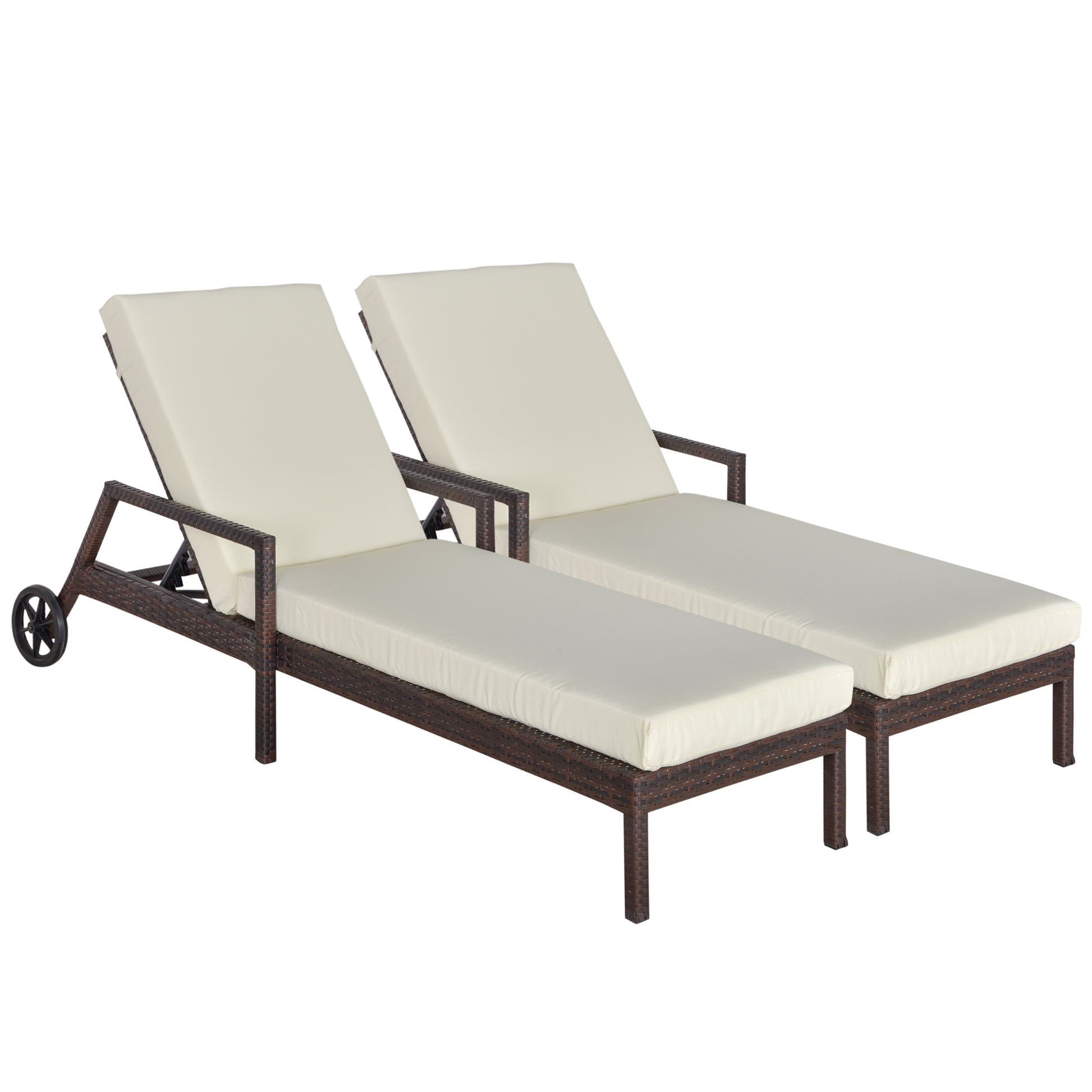 Outsunny Conjunto de 2 Tumbonas de Ratán de Jardín con Cojines Acolchados Respaldo Ajustable en 5 Posiciones 2 Ruedas y Tela Extraíble Lavable 67x196x51 cm Crema
