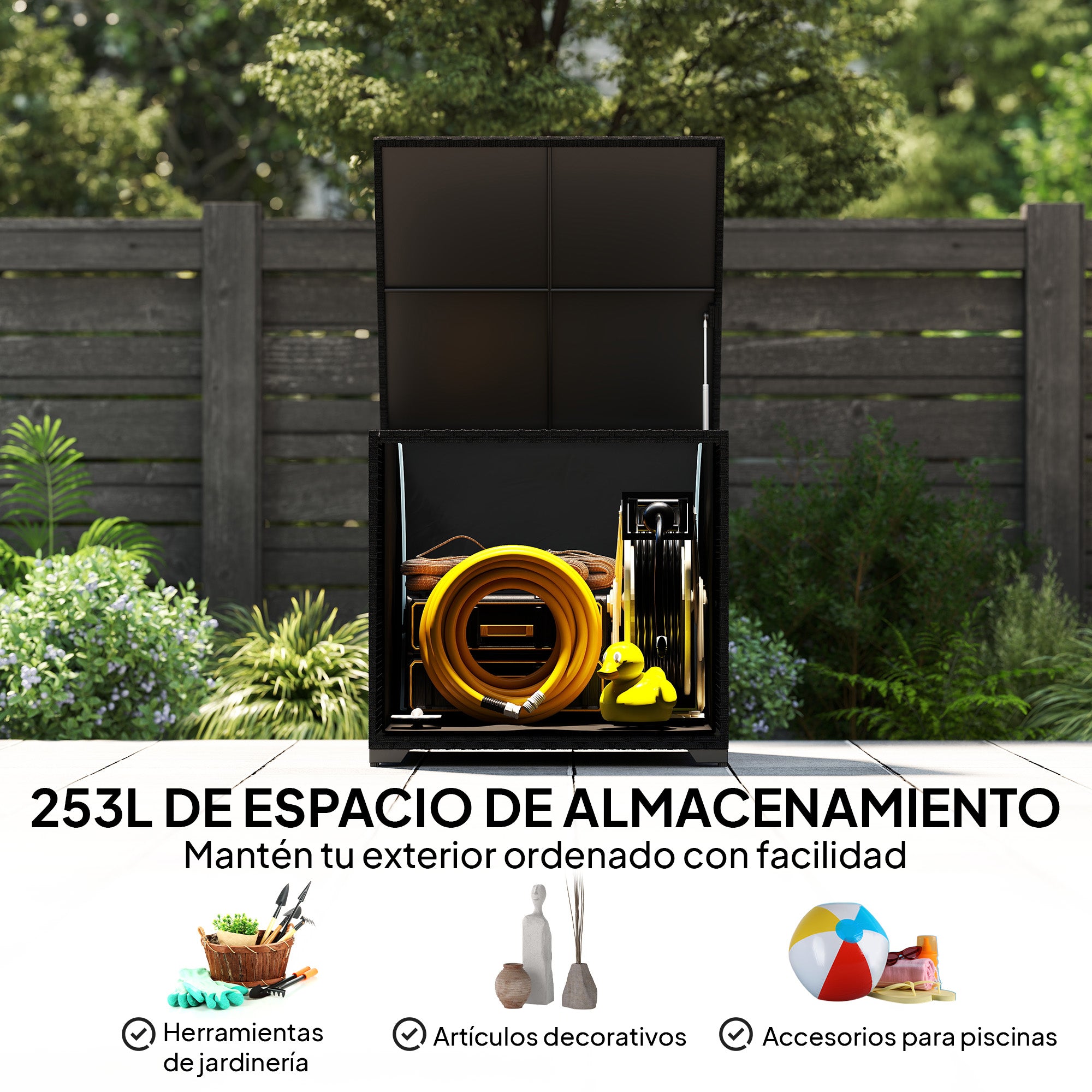 Outsunny Baúl de Almacenaje Exterior de Ratán Sintético de 253L, Arcón Exterior con Varilla Hidráulica, Forro con Cremallera y Marco de Acero, Carga 50 kg, para Jardín, Terraza, 72x72x70 cm, Negro