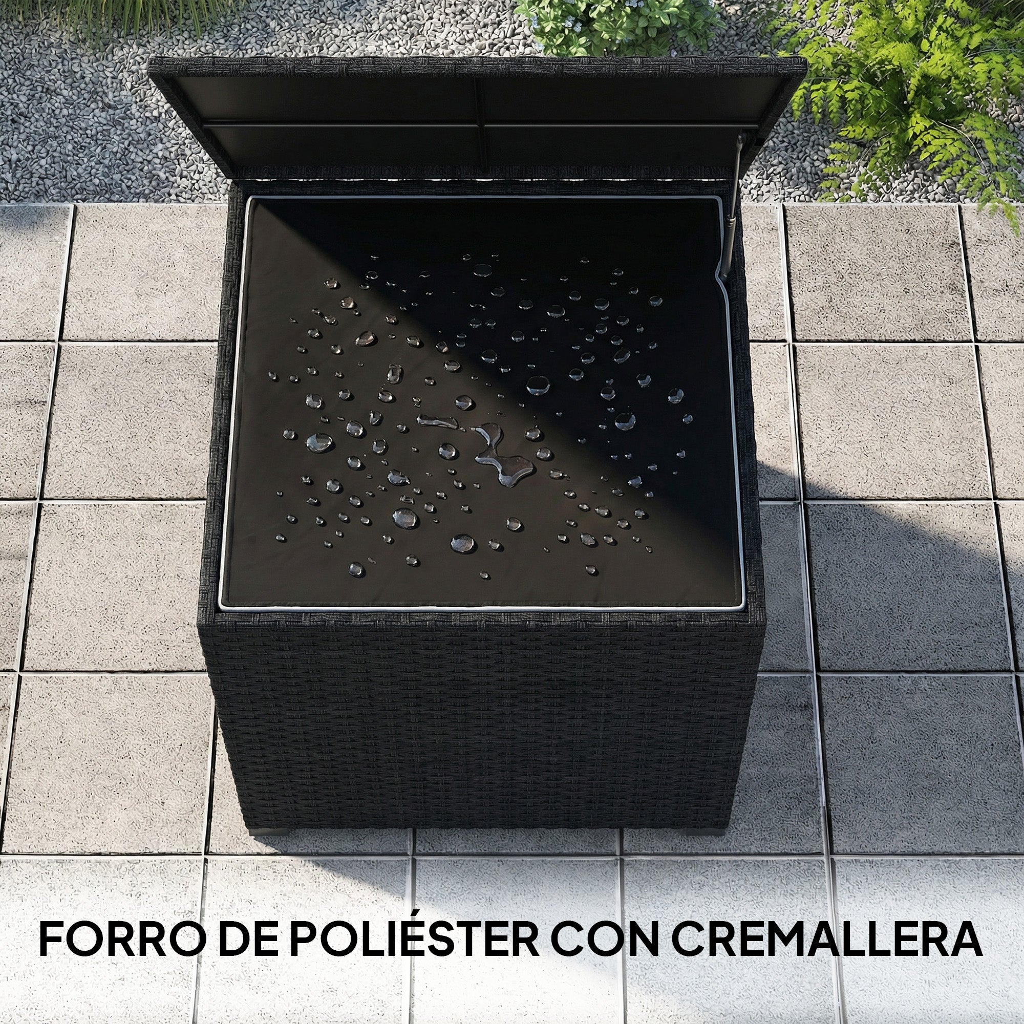 Outsunny Baúl de Almacenaje Exterior de Ratán Sintético de 253L, Arcón Exterior con Varilla Hidráulica, Forro con Cremallera y Marco de Acero, Carga 50 kg, para Jardín, Terraza, 72x72x70 cm, Negro
