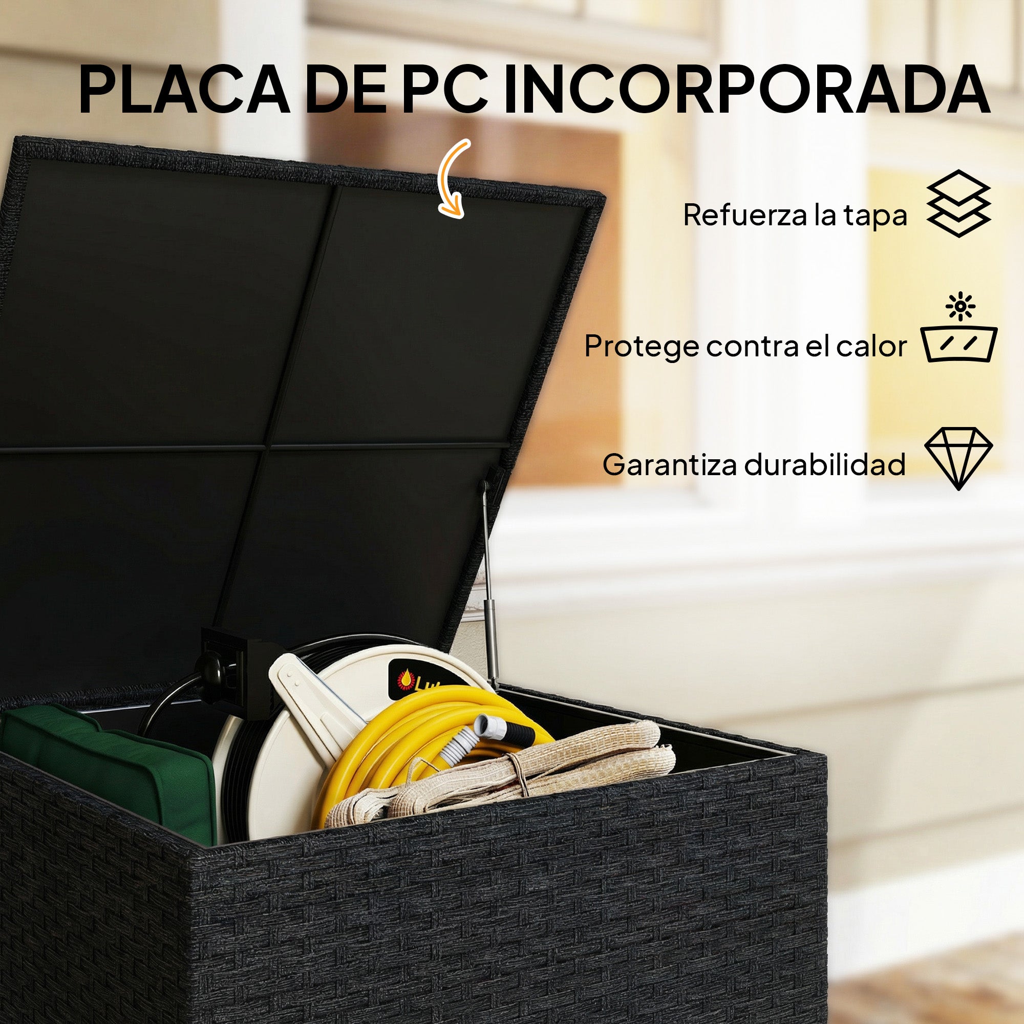 Outsunny Baúl de Almacenaje Exterior de Ratán Sintético de 253L, Arcón Exterior con Varilla Hidráulica, Forro con Cremallera y Marco de Acero, Carga 50 kg, para Jardín, Terraza, 72x72x70 cm, Negro