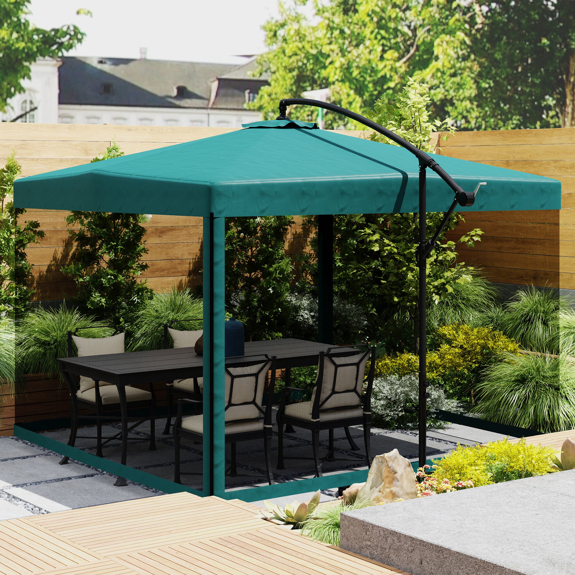 Outsunny Parasol Excéntrico Ø 295 cm Sombrilla de Jardín con Ángulo Ajustable Mosquiteras Base Cruzada y Manivela para Terraza Patio Exterior Verde Oscuro