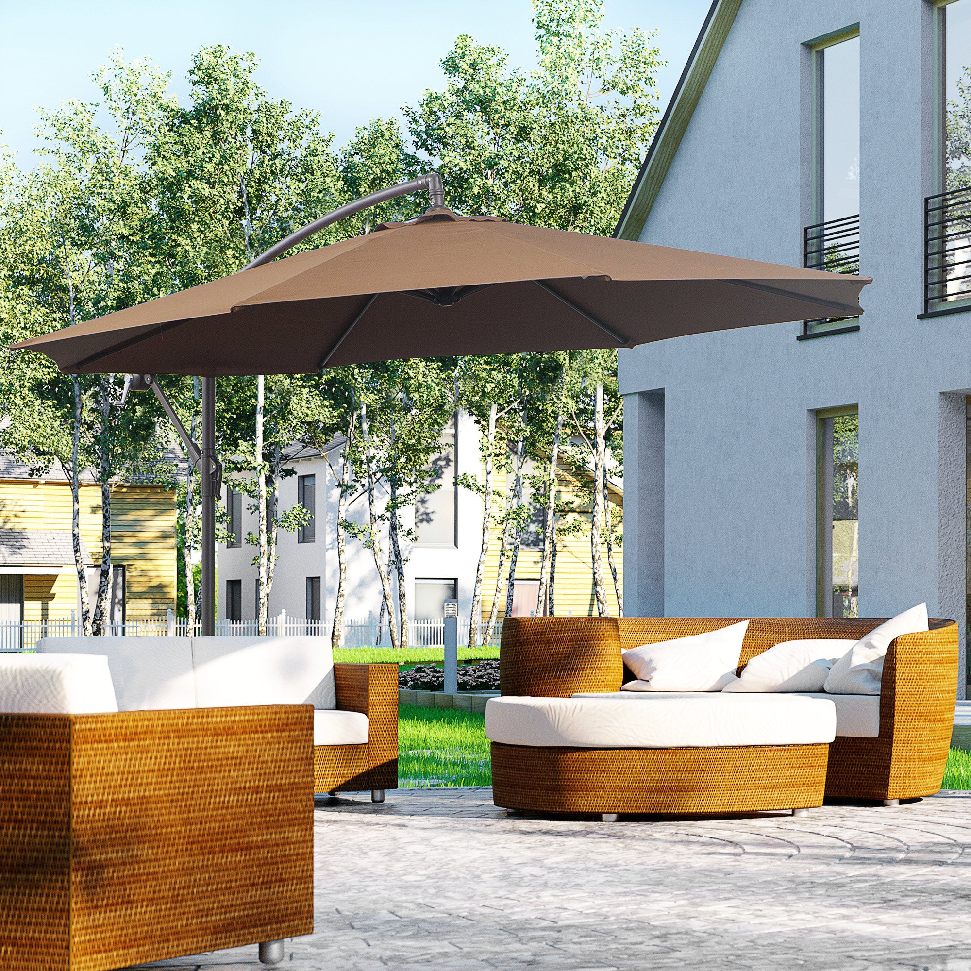 Outsunny Parasol Excéntrico Ø 295 cm Sombrilla de Jardín con Ángulo Ajustable Base Cruzada y Manivela Sombrilla para Terraza Patio Café